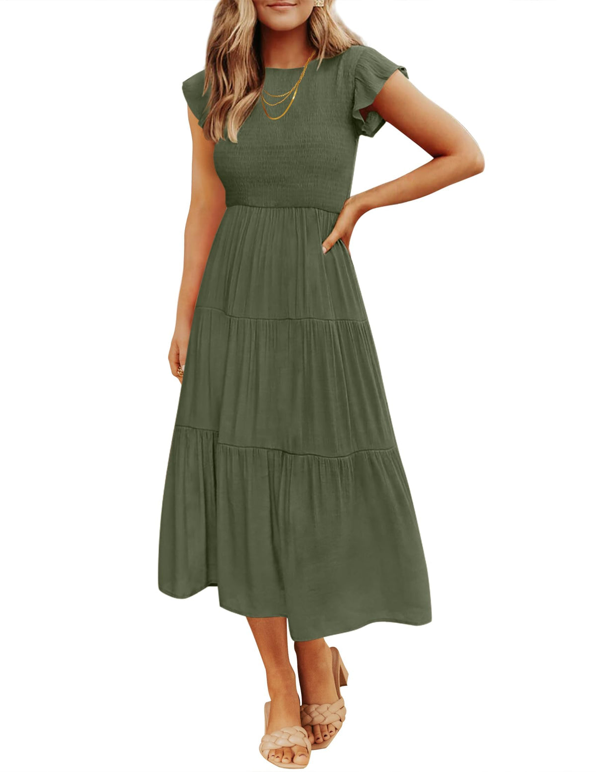 ZESICA Women's 2026 Summer Casual Flutter Short Sleeve Smocked Midi Dress