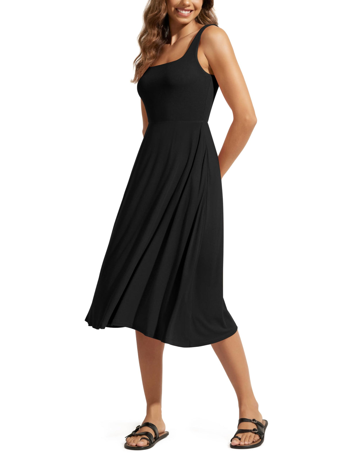 ODODOS Square Neck Midi Dress with Pockets for Women Summer Casual Sleeveless Sundress Flare Tank Dress