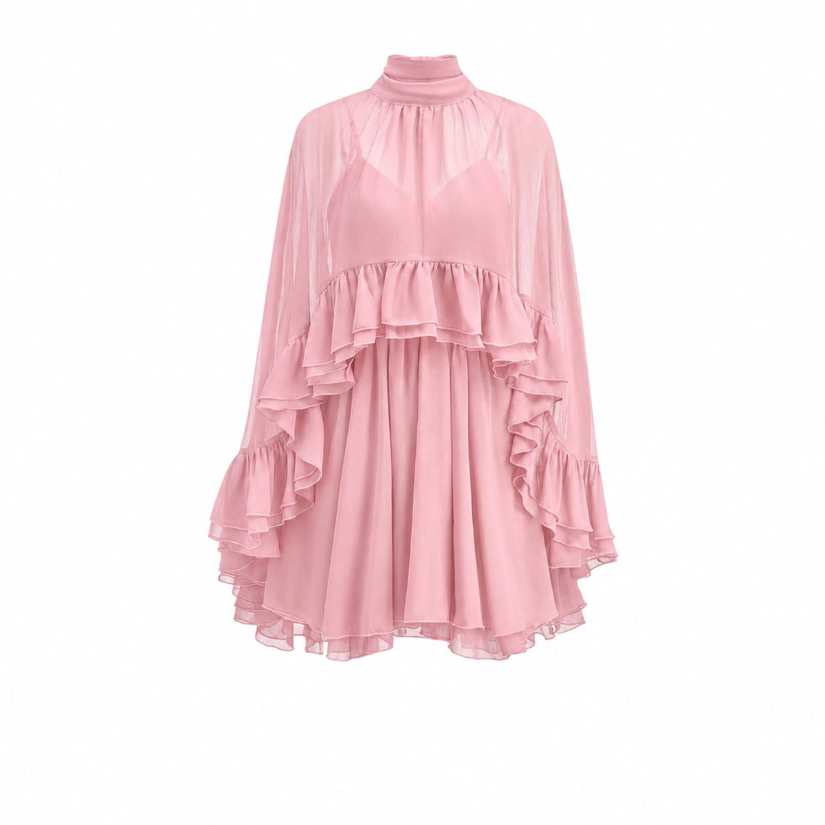 Women’s Semi Sheer Chiffon Ruffle Dress with Outer Cape, Poncho Sleeve Flowy Mini Dress, Loose Fit Elegant Summer Dress
