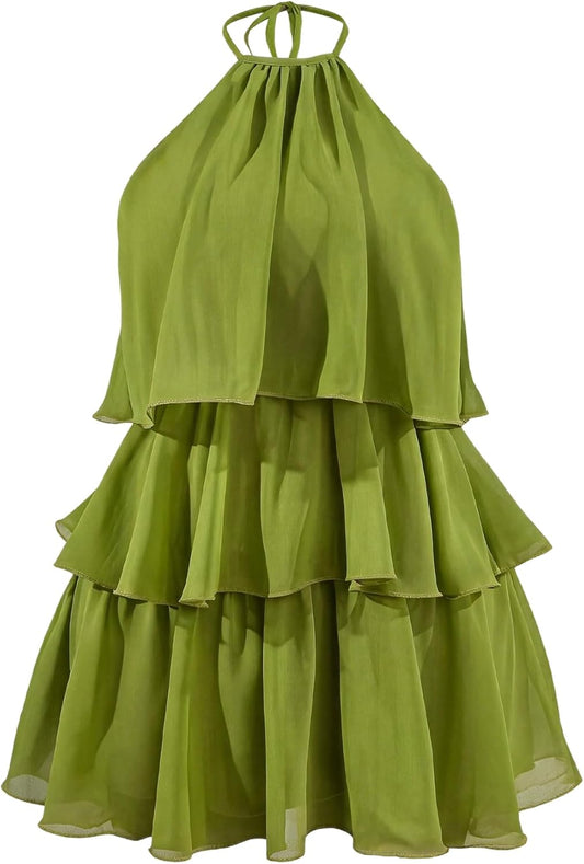 Verdusa Women's Ruffle Halter Dress Wedding Guest Flowy Mini Dresses