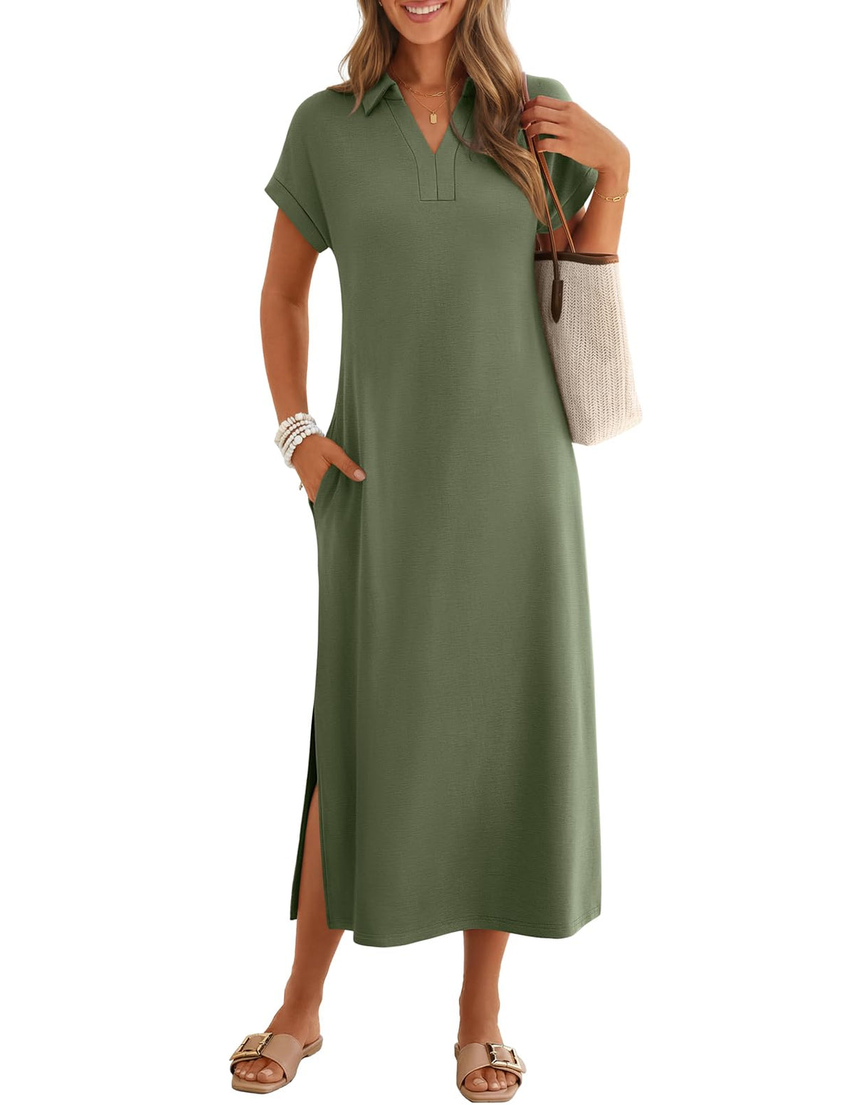 MEROKEETY Women's Summer Casual V Neck Collared T Shirt Long Maxi Dress