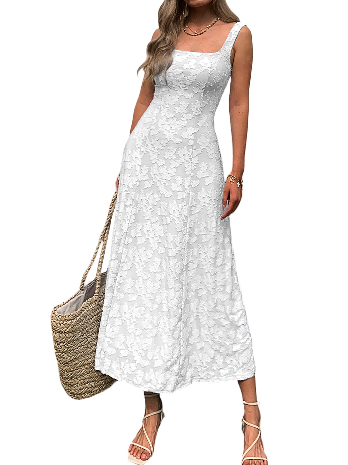 Mieazom Women’s Floral Maxi Dress Square Neck Sleeveless A Line Summer Dress Elegant Fitted Bodice Flowy Long Sundress