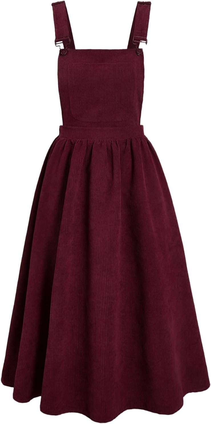 chouyatou Women's Fall Corduroy Overall Dress Adjustable Strap A Line Flare Pinafore Midi Jumper Dress