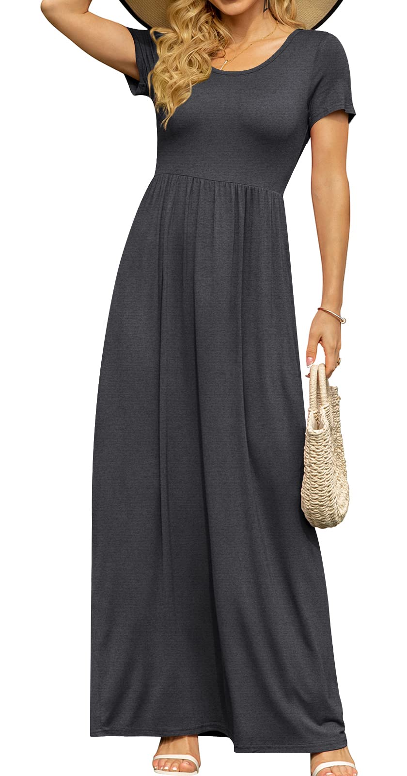 DB MOON Women's Summer Maxi Dress Casual Short Sleeve Empire Waist Pockets