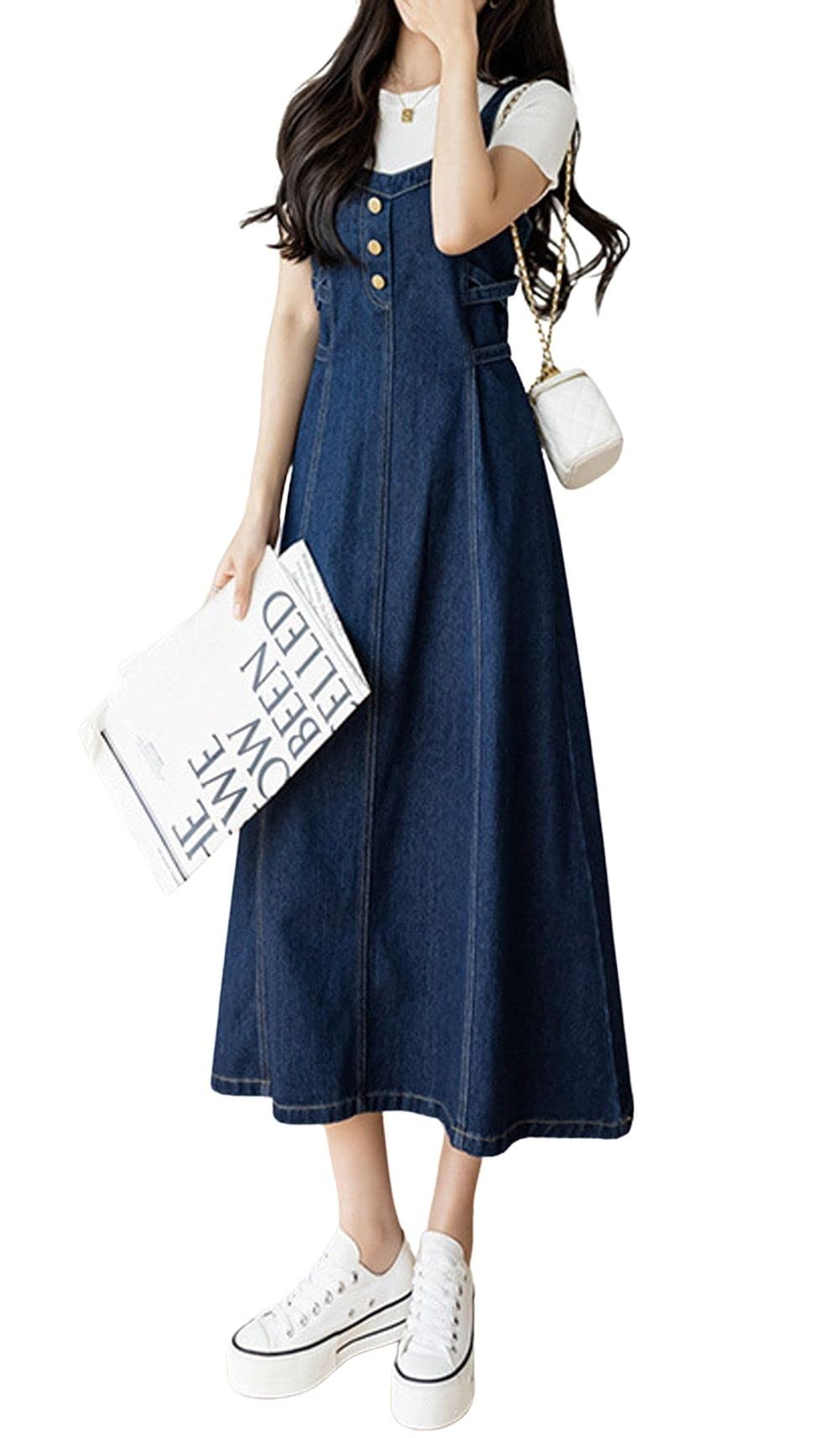 CHARTOU Women's Elegant Straps Back Smocked A-Line Long Skirt Denim Overall Pinafore Dress