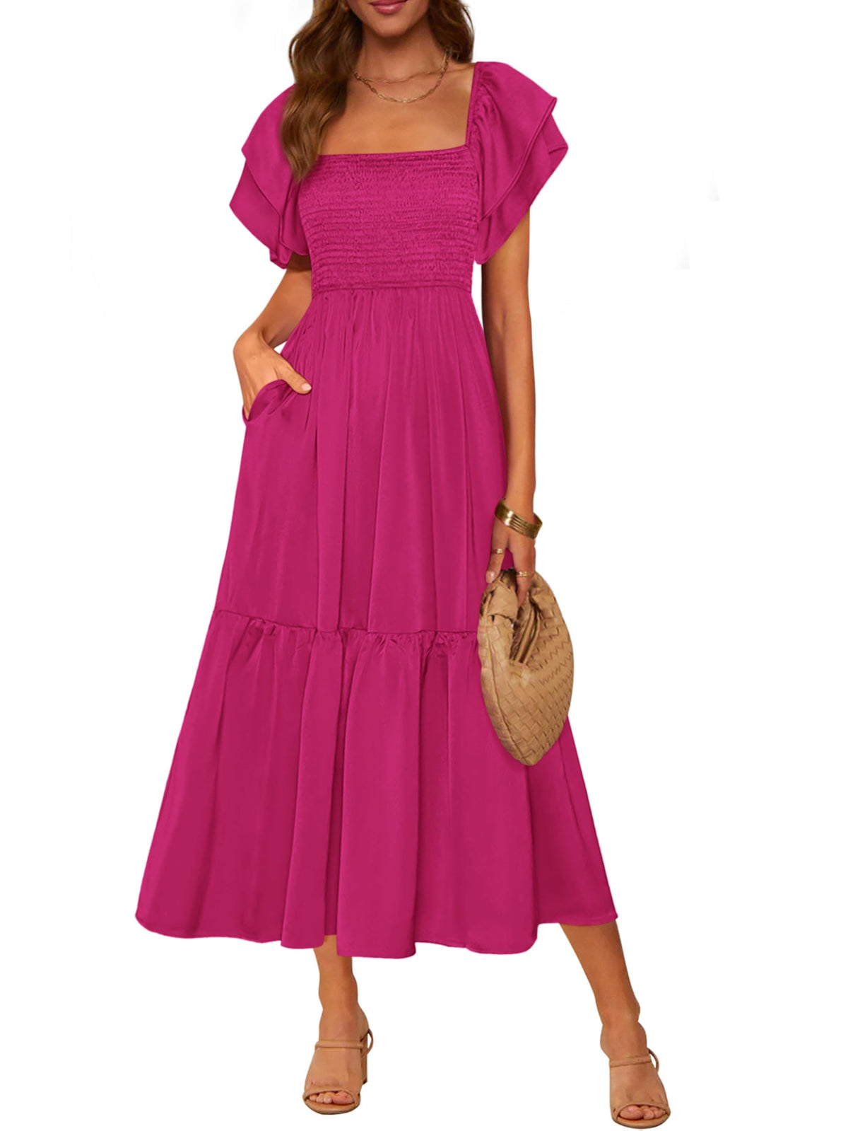 MASCOMODA Womens Summer Casual Smocked Flowy Midi Dress
