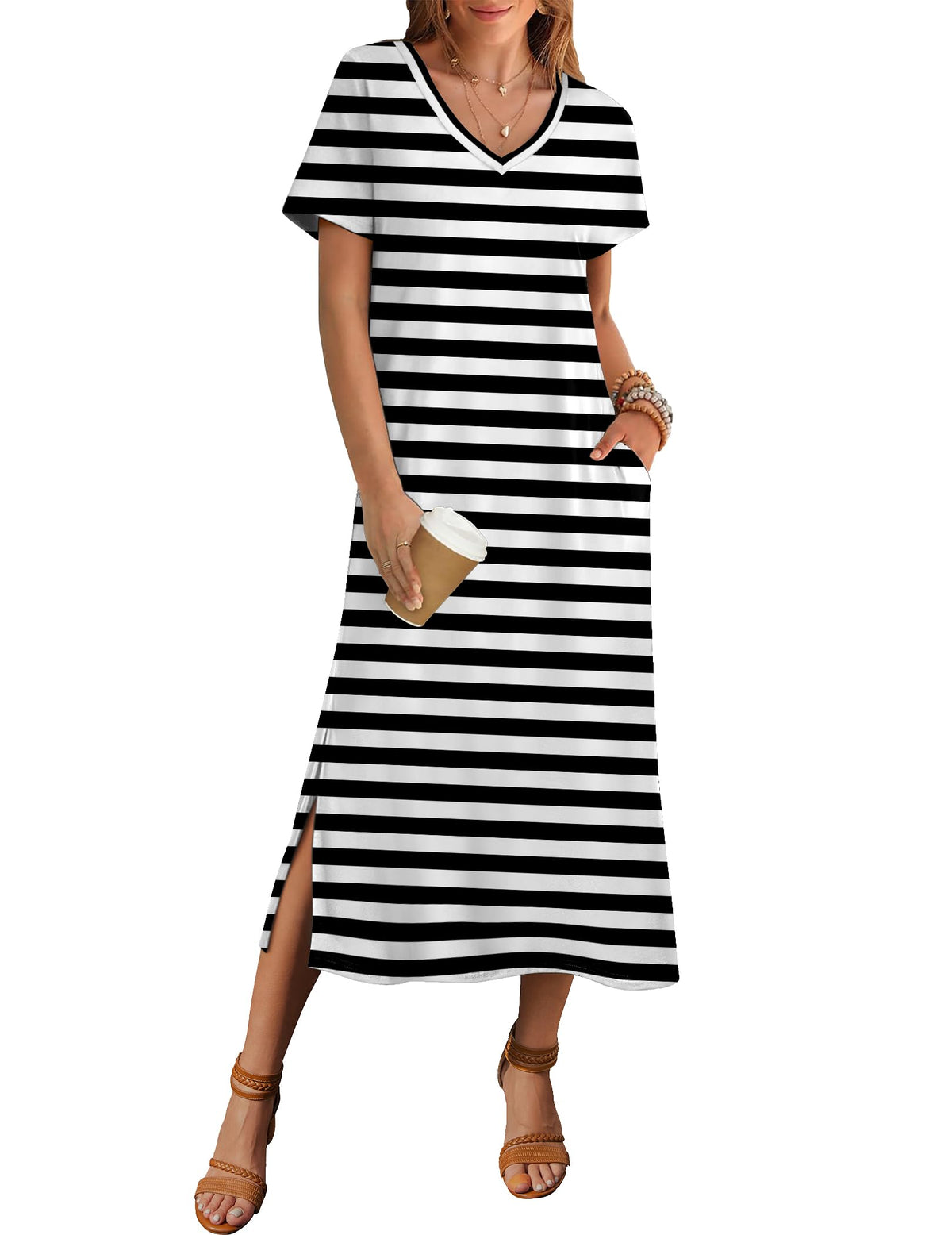Zeagoo Women Summer Floral Dress Short Sleeve Beach Dress with Pockets Casual V-Neck Split Long T-Shirt Dress Travel Vacation