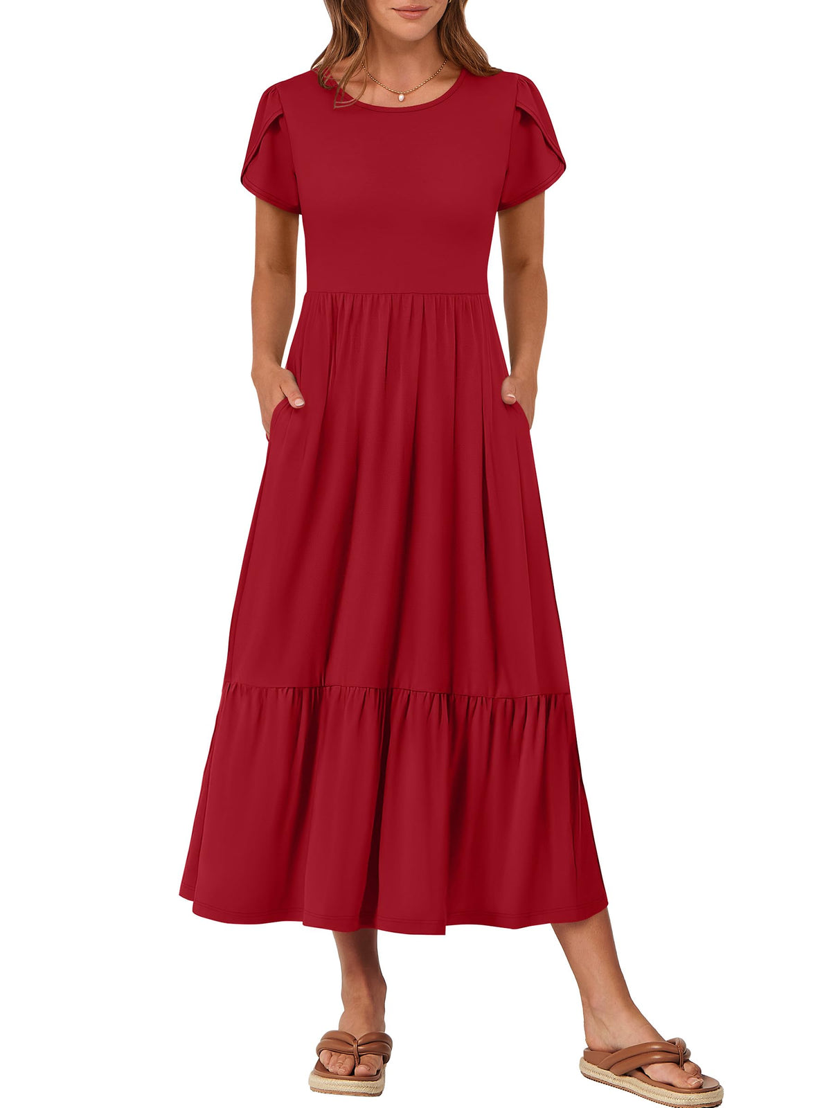 ANRABESS Womens Summer Petal Short Sleeve Maxi Dress with Pockets