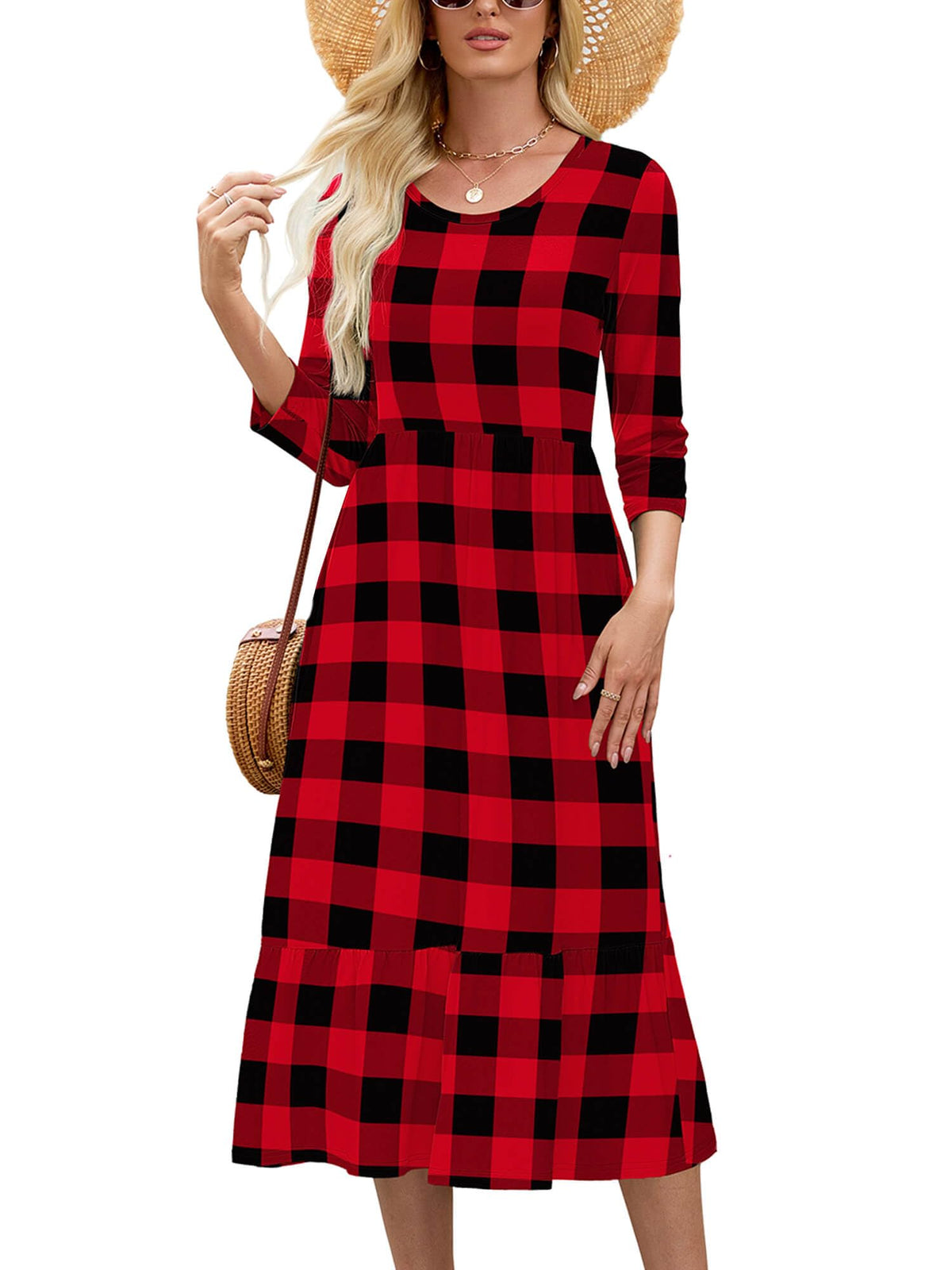 Heymoments Women's Casual 3/4 Sleeve Midi Dress with Pockets