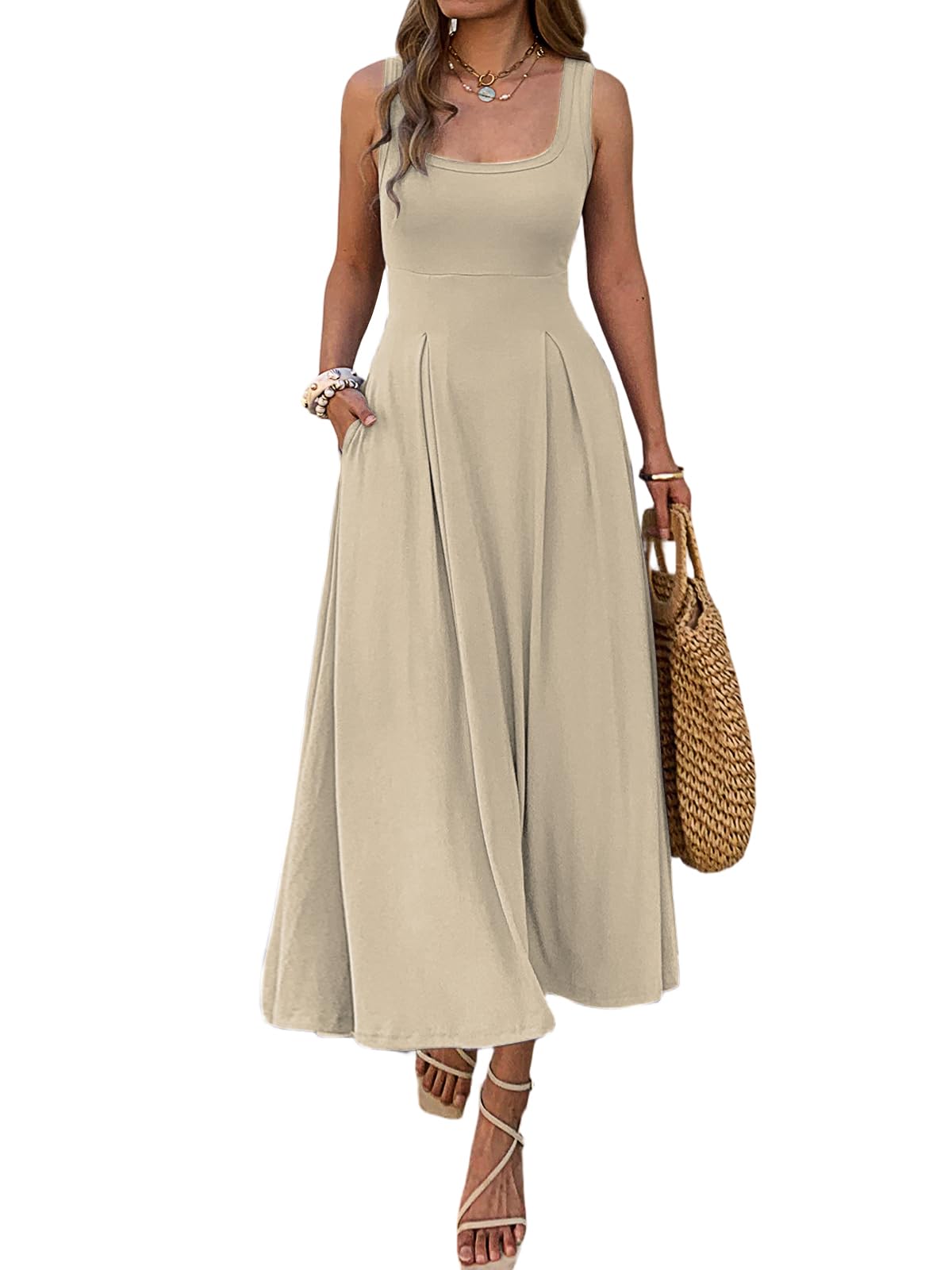Mieazom Women's Summer Sleeveless Empire Maxi Dress Square Neck A-Line Pleated Flowy Elegant Casual Dresses with Pockets