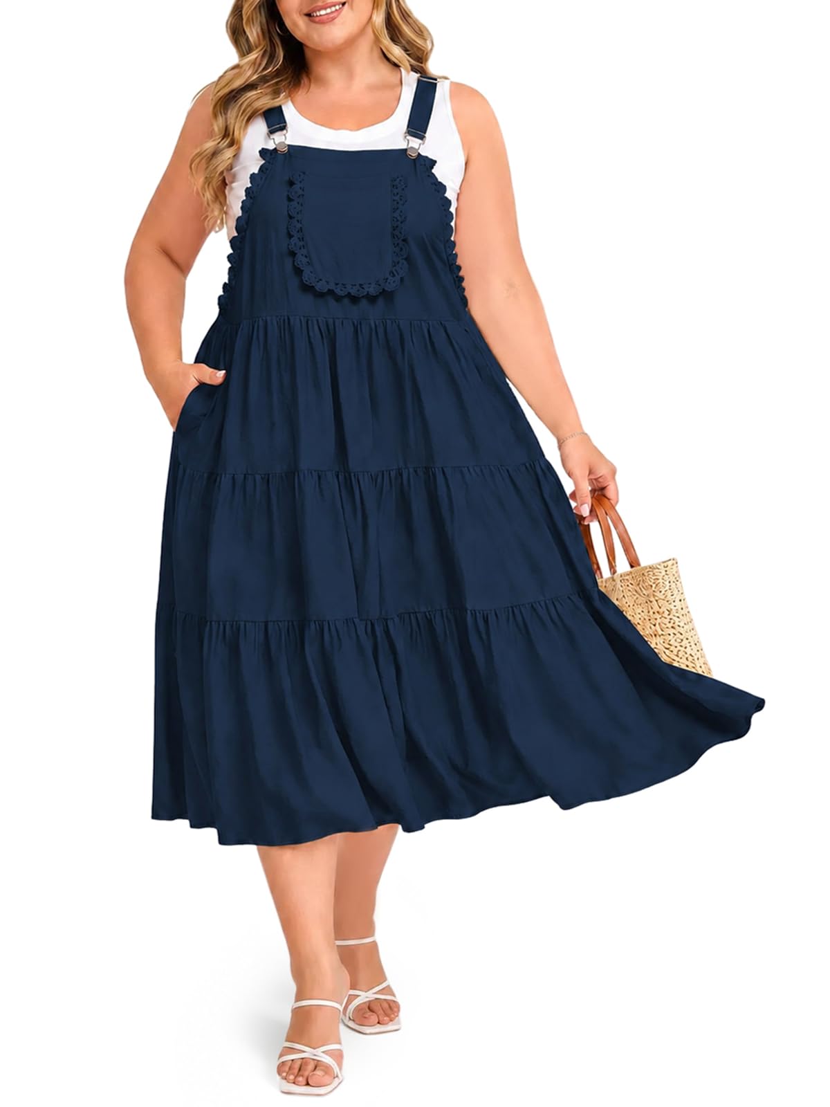 Moon Wood Plus Size Overall Dress for Women Casual Bib Jumper Dress Summer Maxi Dress with Pockets Adjustable Straps