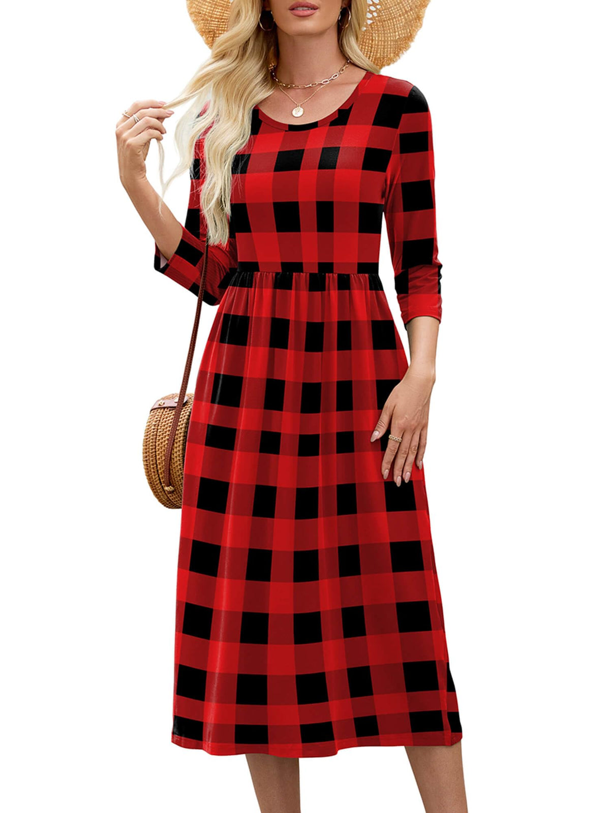Heymoments Women's Casual 3/4 Sleeve Midi Dress with Pockets