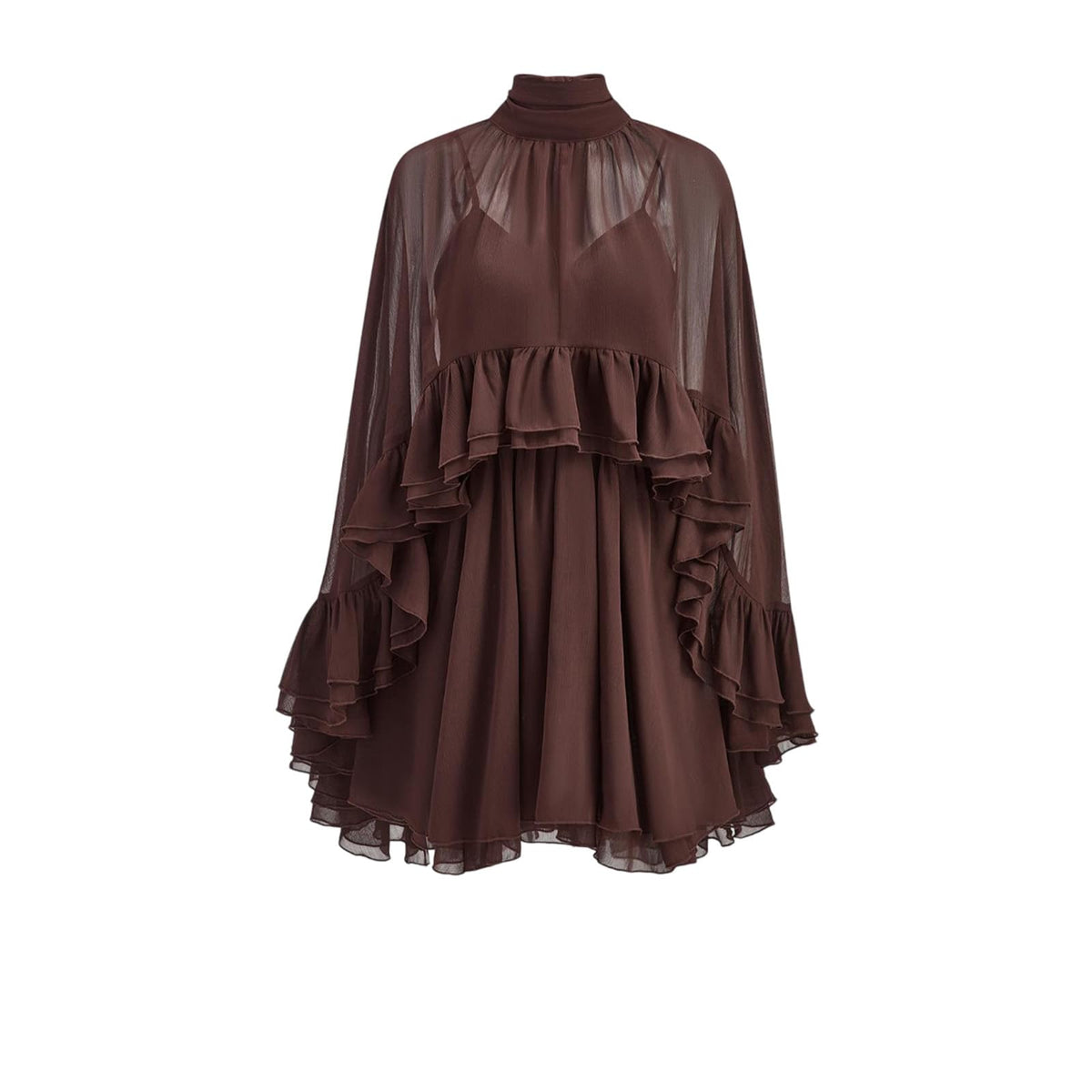 Women’s Semi Sheer Chiffon Ruffle Dress with Outer Cape, Poncho Sleeve Flowy Mini Dress, Loose Fit Elegant Summer Dress