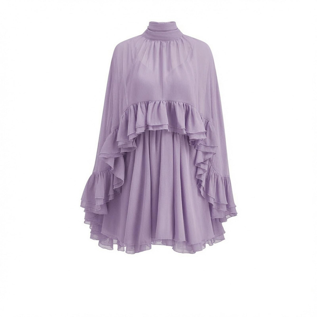 Women’s Semi Sheer Chiffon Ruffle Dress with Outer Cape, Poncho Sleeve Flowy Mini Dress, Loose Fit Elegant Summer Dress