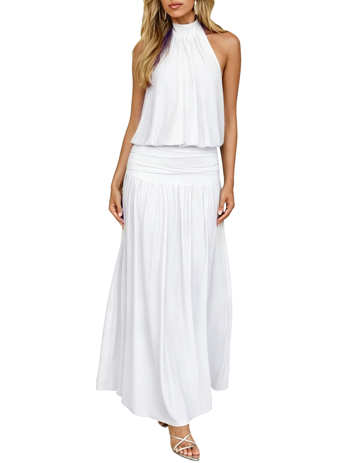 OYS Women's Elegant Sleeveless Halter Neck Ruched Cocktail Long Dress