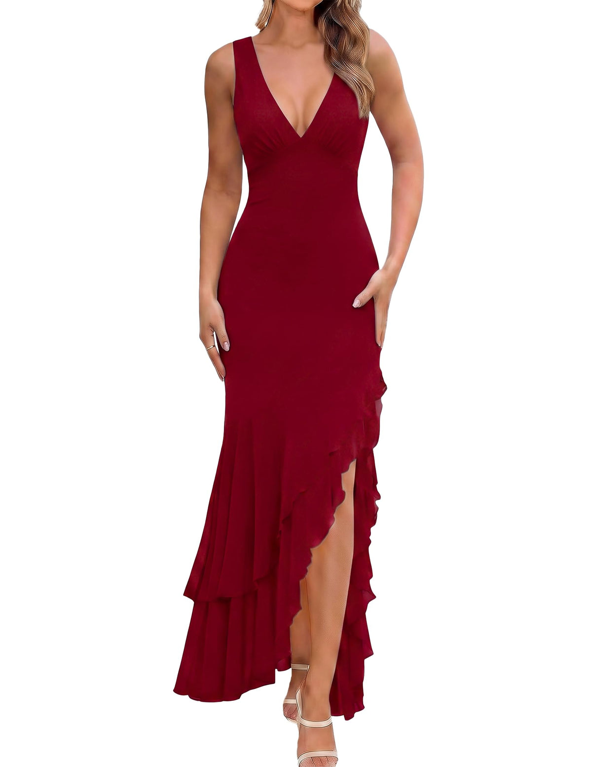 BORIFLORS Women's Elegant Mermaid Ruffle Cocktail Maxi Dress