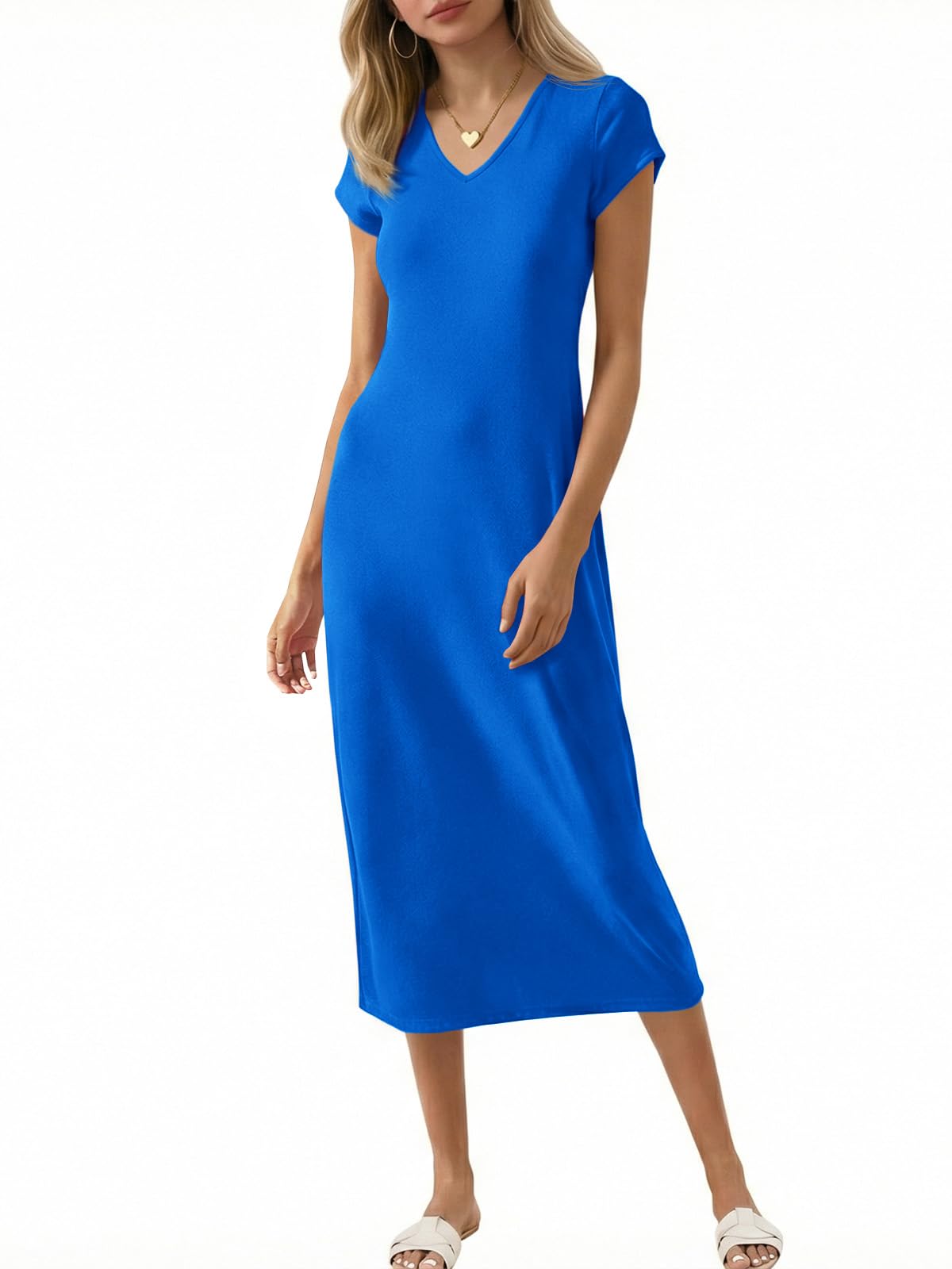 Wenrine Womens Short Sleeve T-Shirt Dress V Neck Summer Casual Midi Dresses