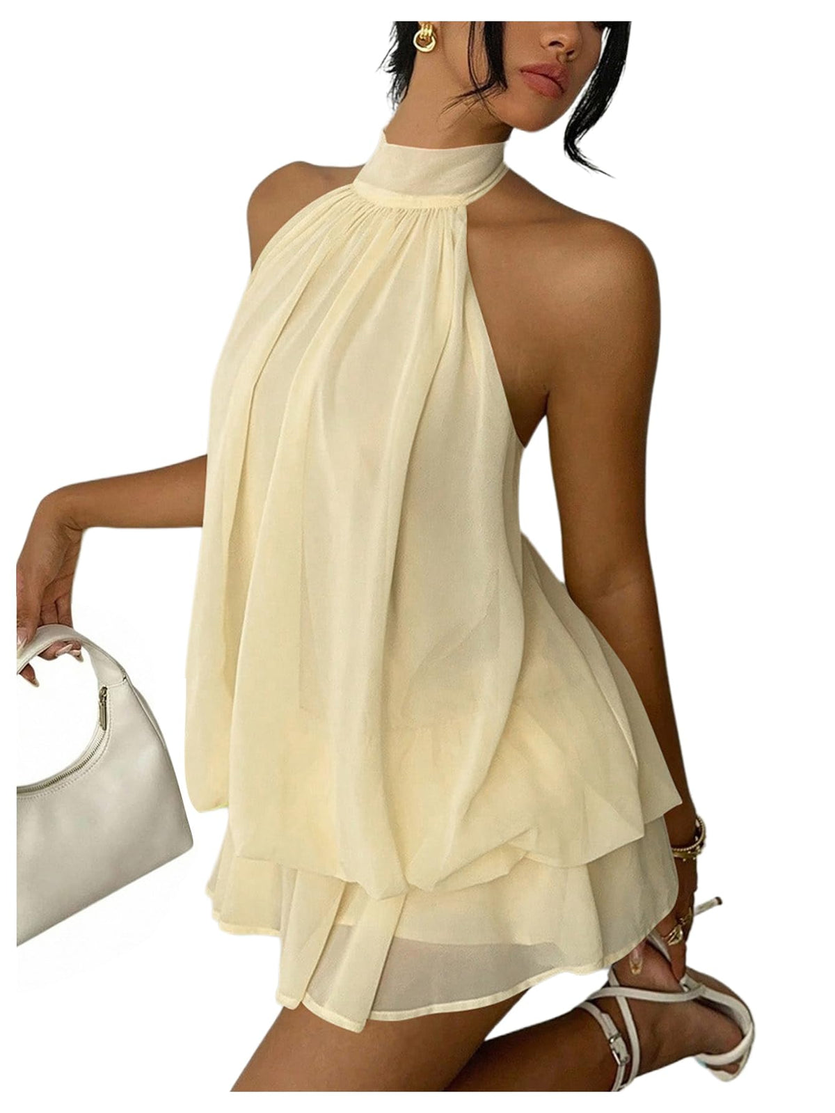 Verdusa Women's Chiffon Halter Drop Waist Flowy Wedding Guest Mini Dresses