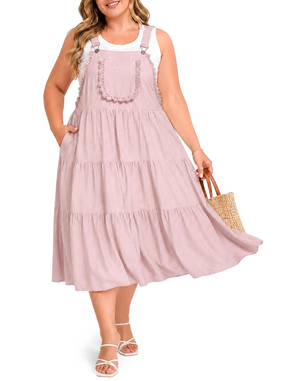 Moon Wood Plus Size Overall Dress for Women Casual Bib Jumper Dress Summer Maxi Dress with Pockets Adjustable Straps