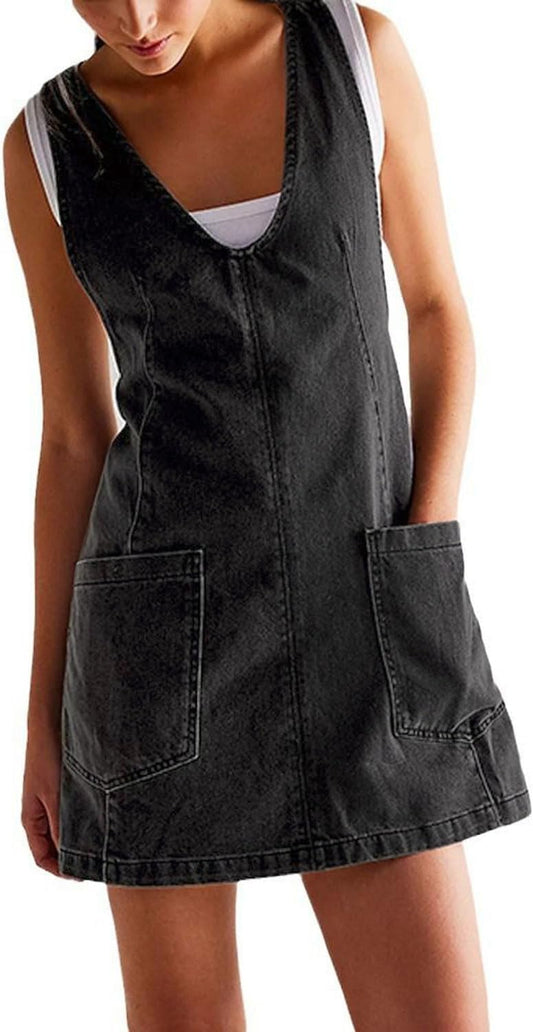 yoeasy Women's V Neck Sleeveless Denim Overall Dress Adjustable Strap Summer Mini Pinafore Jean Dress with Pockets