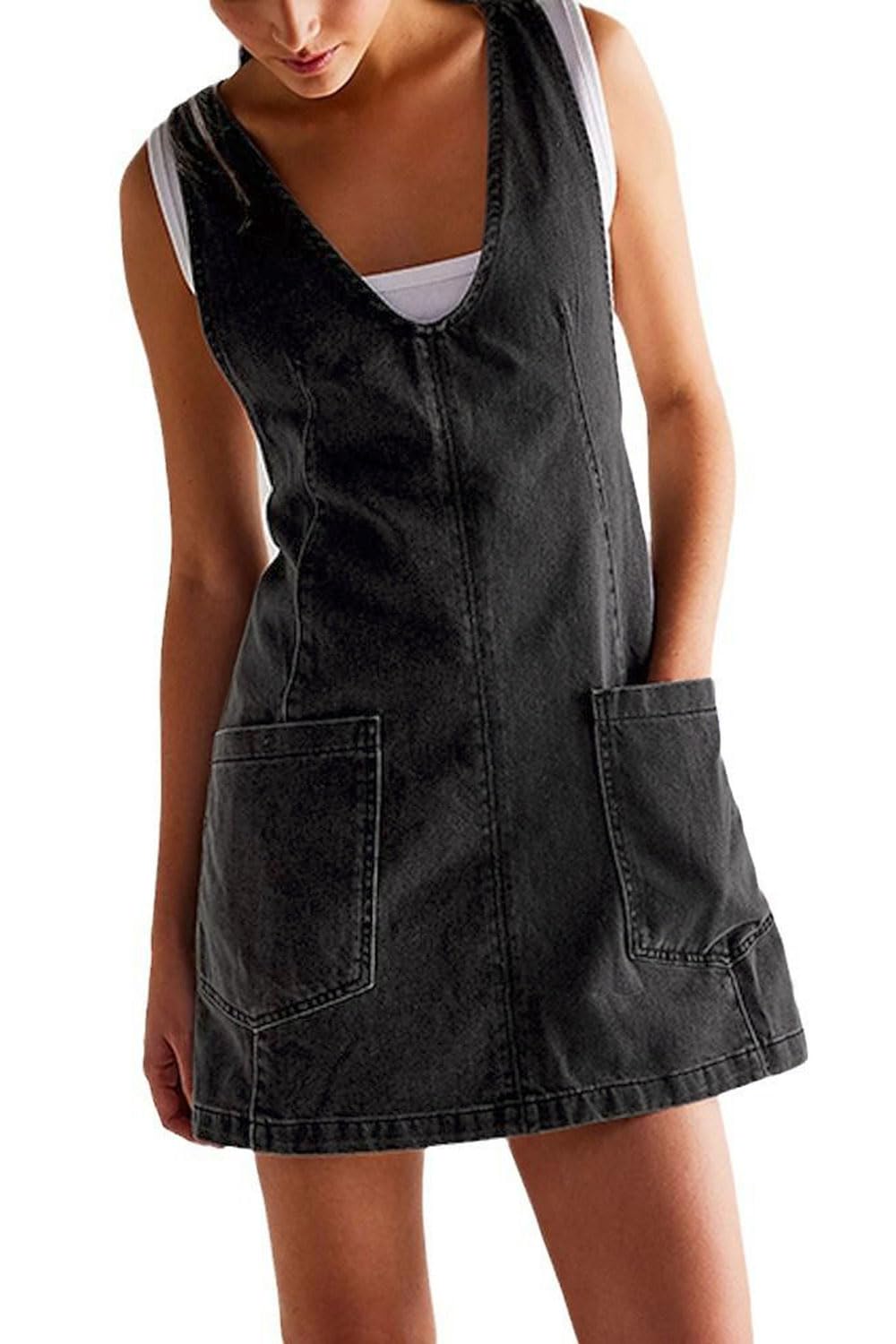 yoeasy Women's V Neck Sleeveless Denim Overall Dress Adjustable Strap Summer Mini Pinafore Jean Dress with Pockets