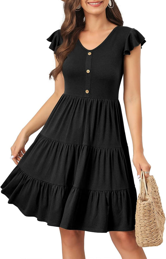 Lamilus Summer Dresses for Women 2026 Ruffle Sleeve V Neck Non-See Through Tiered Babydoll Mini Dress Graduation Beach