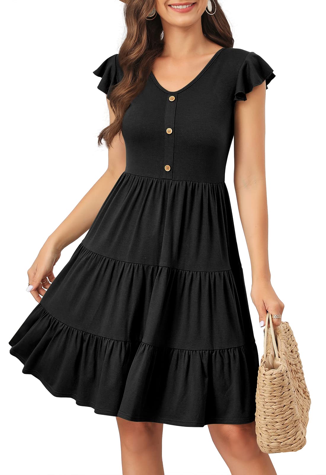 Lamilus Summer Dresses for Women 2026 Ruffle Sleeve V Neck Non-See Through Tiered Babydoll Mini Dress Graduation Beach
