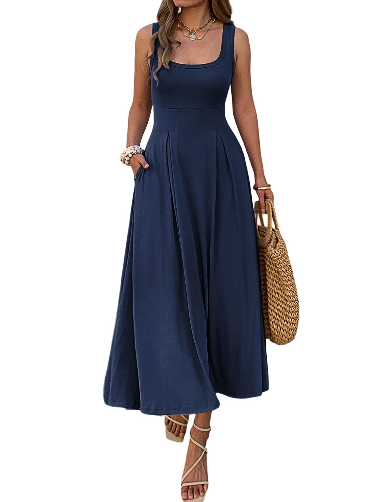 Mieazom Women's Summer Sleeveless Empire Maxi Dress Square Neck A-Line Pleated Flowy Elegant Casual Dresses with Pockets