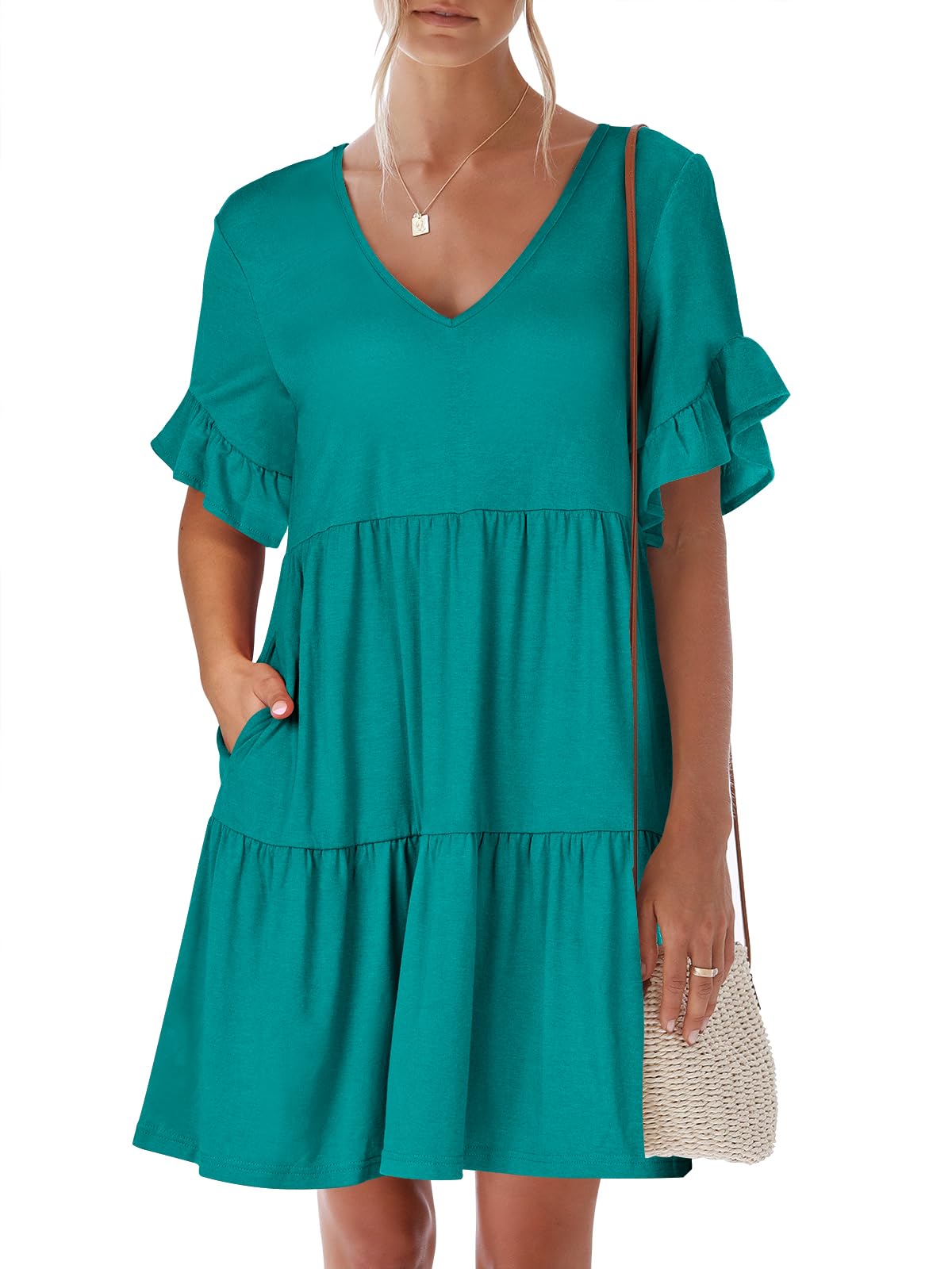 ANRABESS Dresses for Women Summer 2026 V Neck Ruffle Sleeve A Line Tiered Flowy Casual Trendy Mini Beach Dress with Pockets