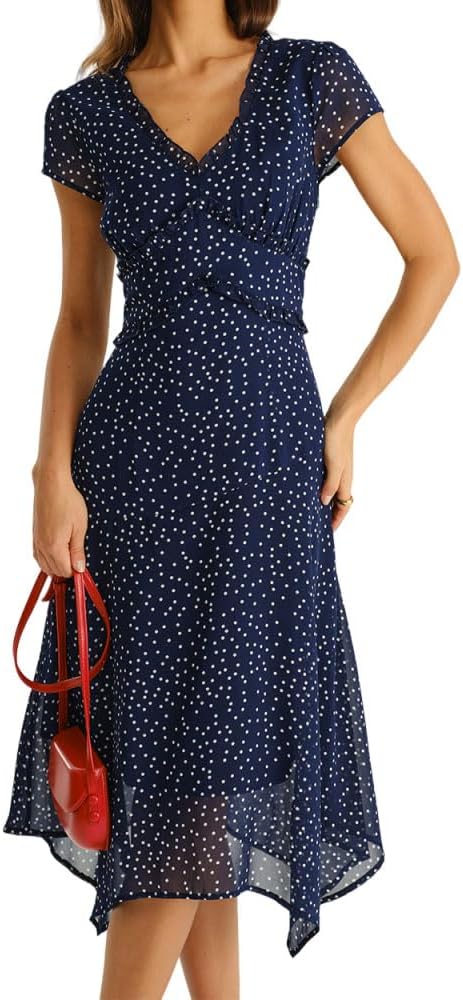 RIHOAS Women's Polka Dot Midi Dress Wrap V-Neck Short Sleeve Summer Dress