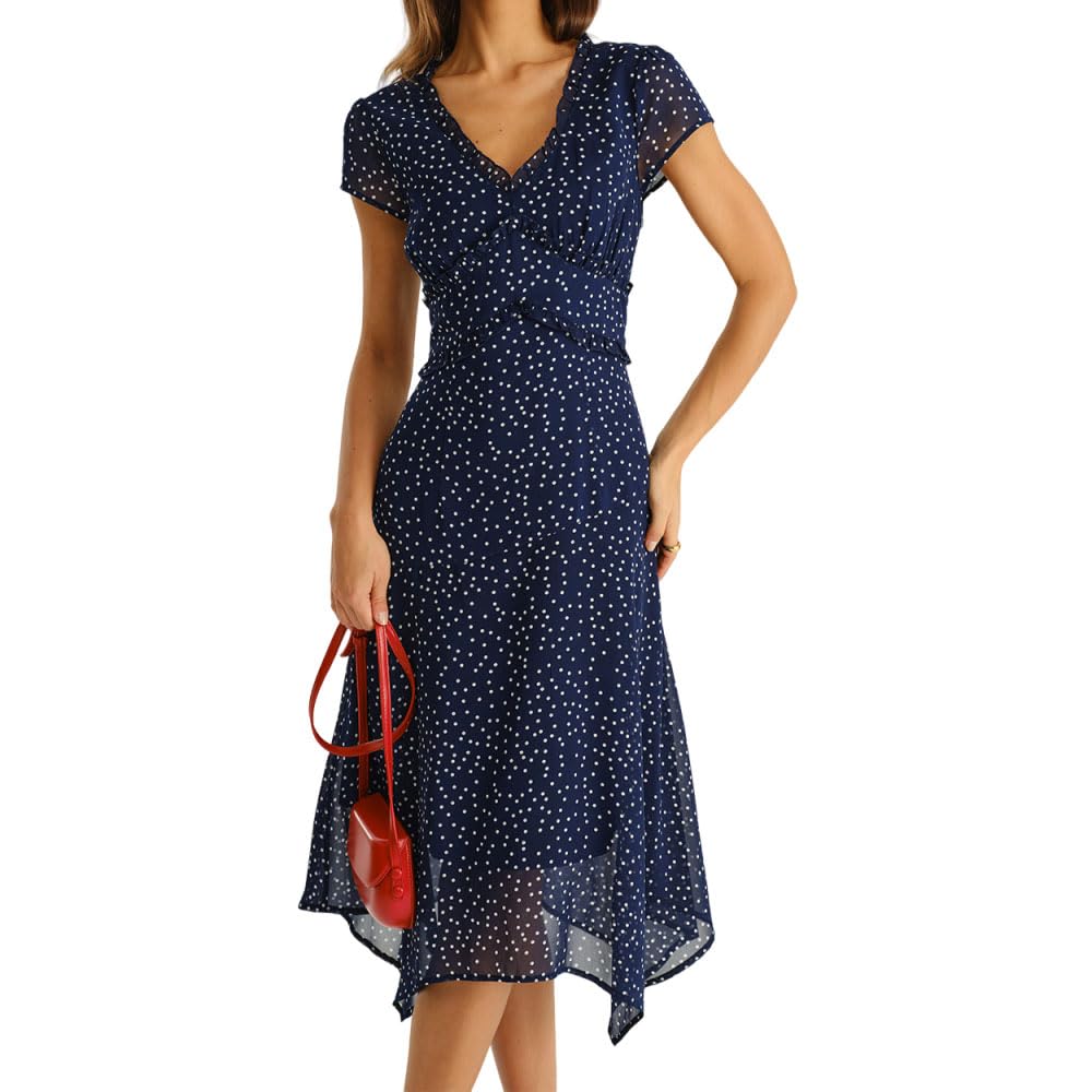 RIHOAS Women's Polka Dot Midi Dress Wrap V-Neck Short Sleeve Summer Dress