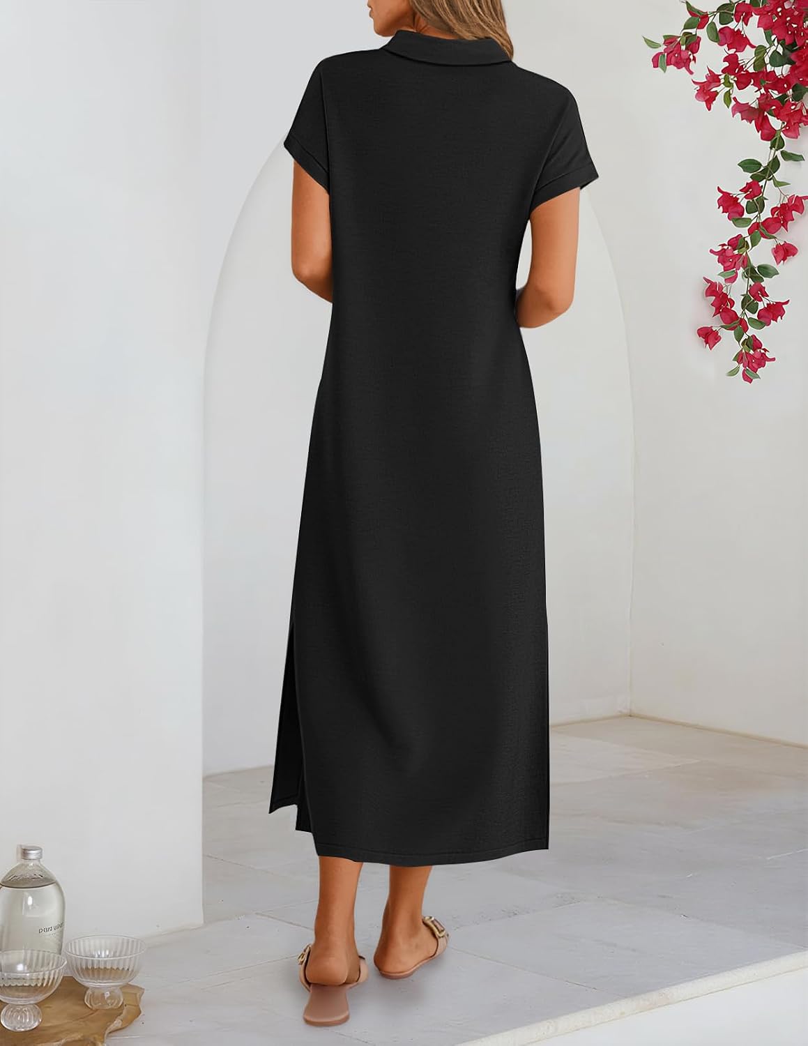 MEROKEETY Women's Summer Casual V Neck Collared T Shirt Long Maxi Dress