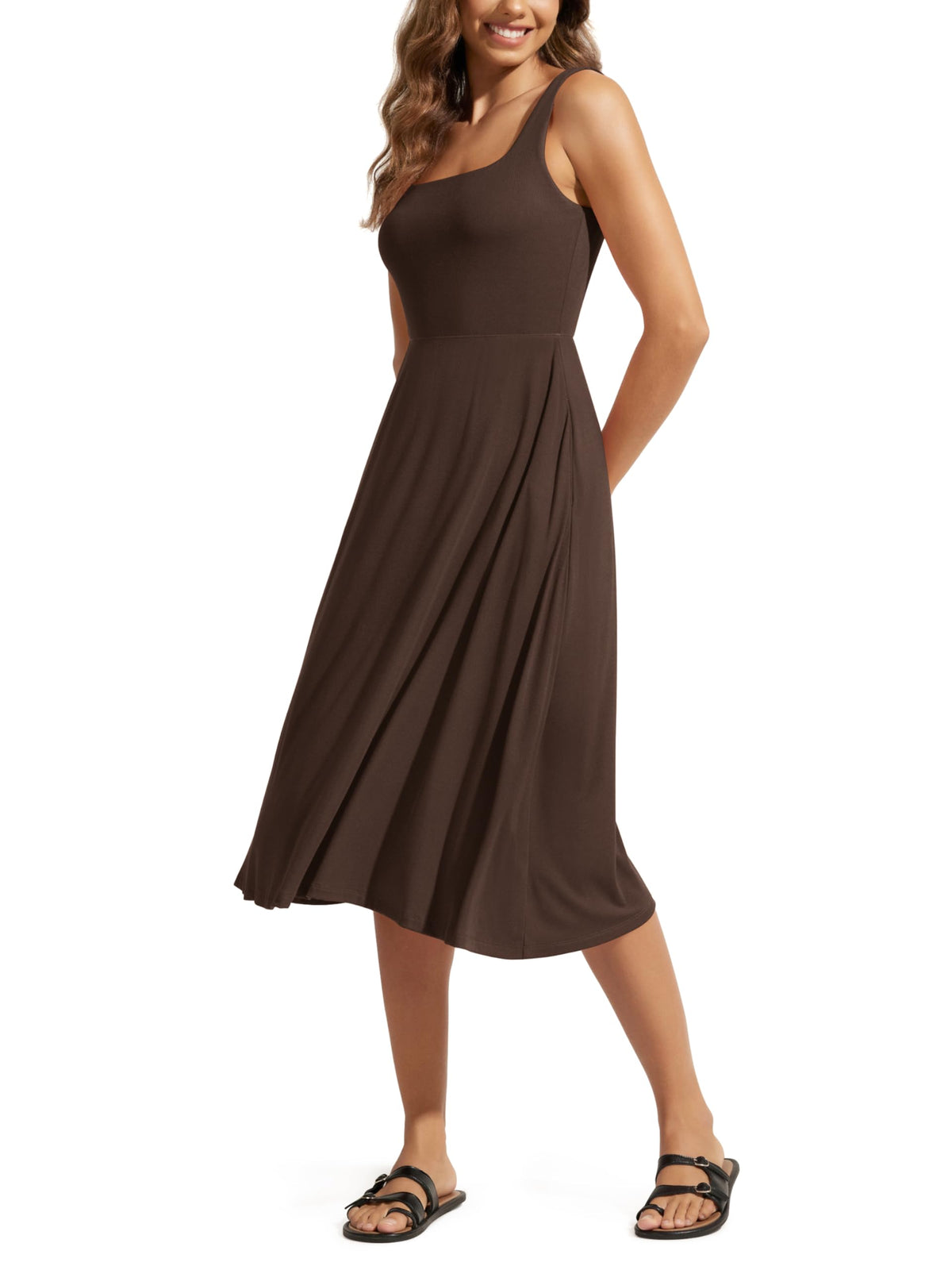 ODODOS Square Neck Midi Dress with Pockets for Women Summer Casual Sleeveless Sundress Flare Tank Dress
