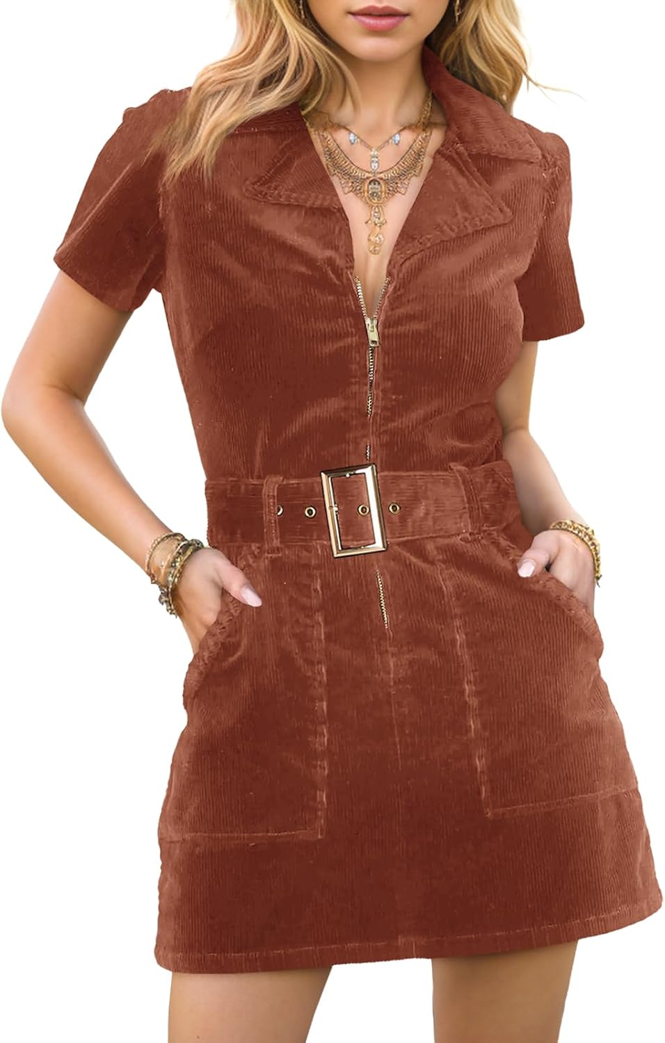 Doshoop Women's Corduroy Mini Dress Short Sleeve Cowboy Dresses