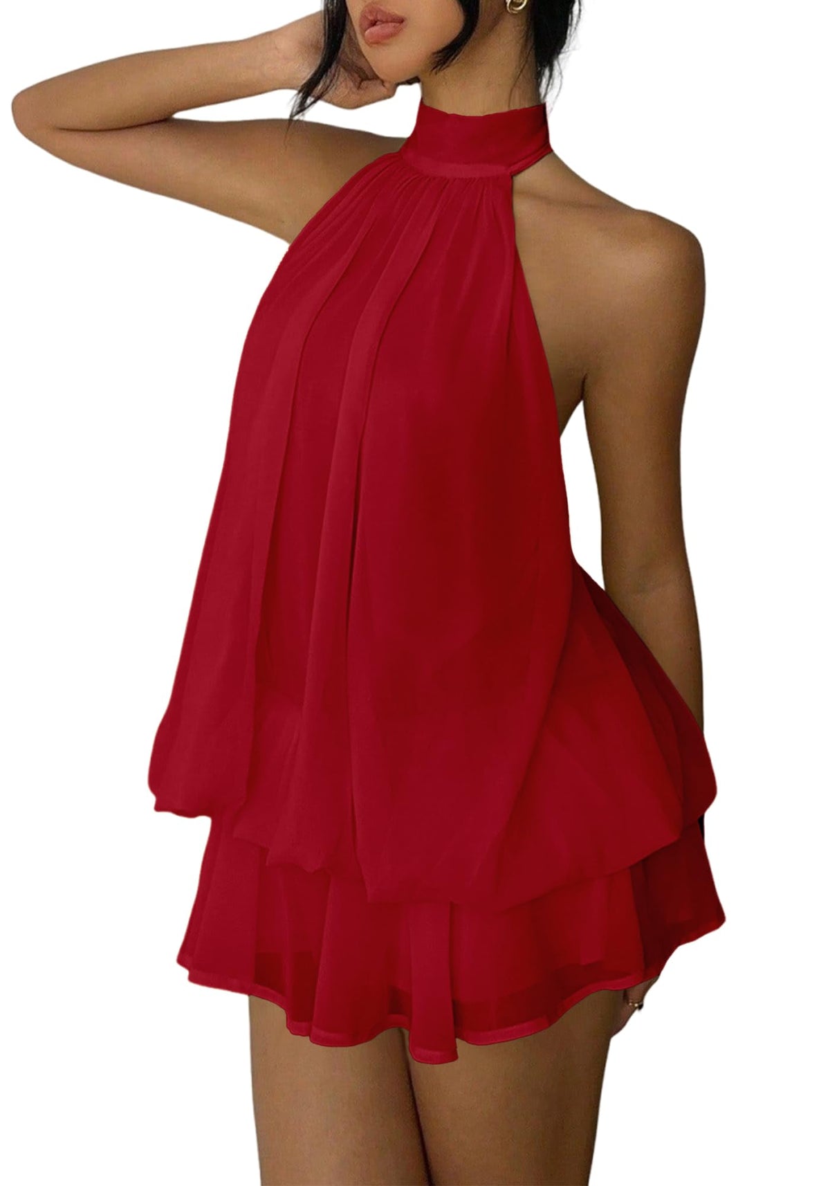 Women's Chiffon Halter Drop Waist Mini Dress Wedding Guest Dresses Ruffle Formal Holiday Club Brunch Outfits