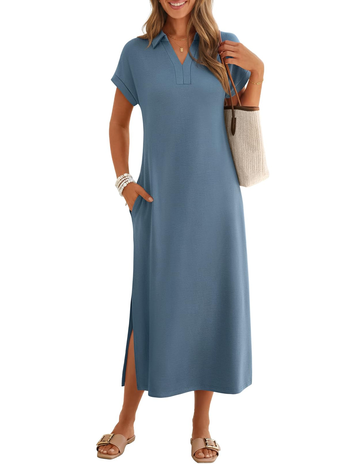 MEROKEETY Women's Summer Casual V Neck Collared T Shirt Long Maxi Dress