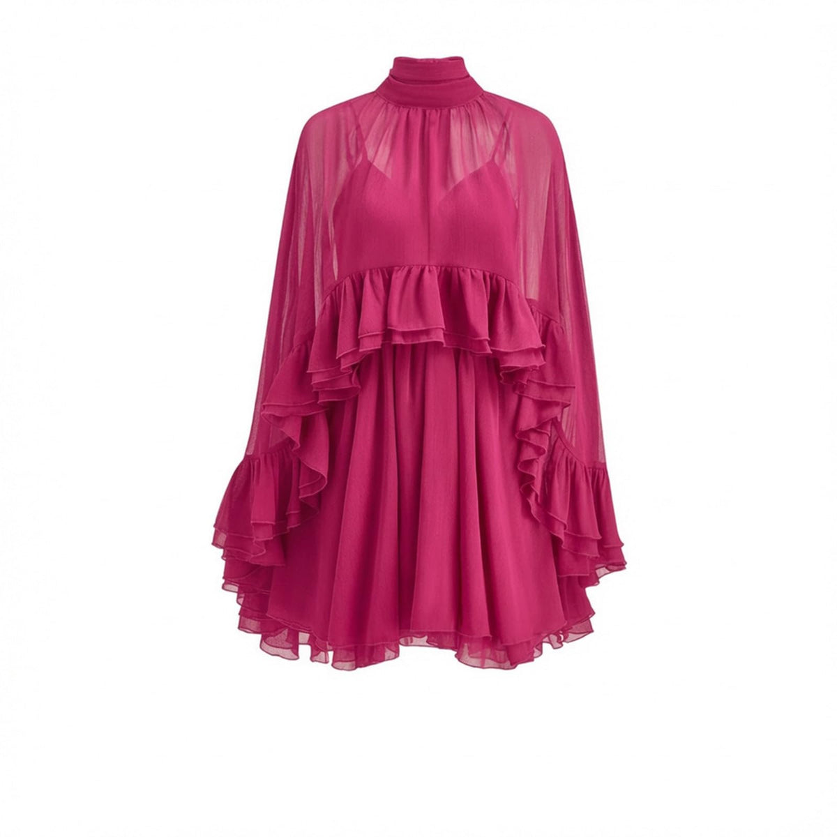 Women’s Semi Sheer Chiffon Ruffle Dress with Outer Cape, Poncho Sleeve Flowy Mini Dress, Loose Fit Elegant Summer Dress