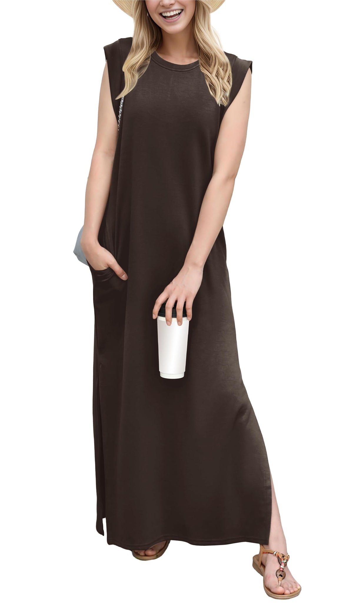 GRECERELLE 2026 Women Year-Round Casual Round Neck Loose Split Wrinkle-Free Long Maxi Vacation Dress with Pockets (XXS-4XL)