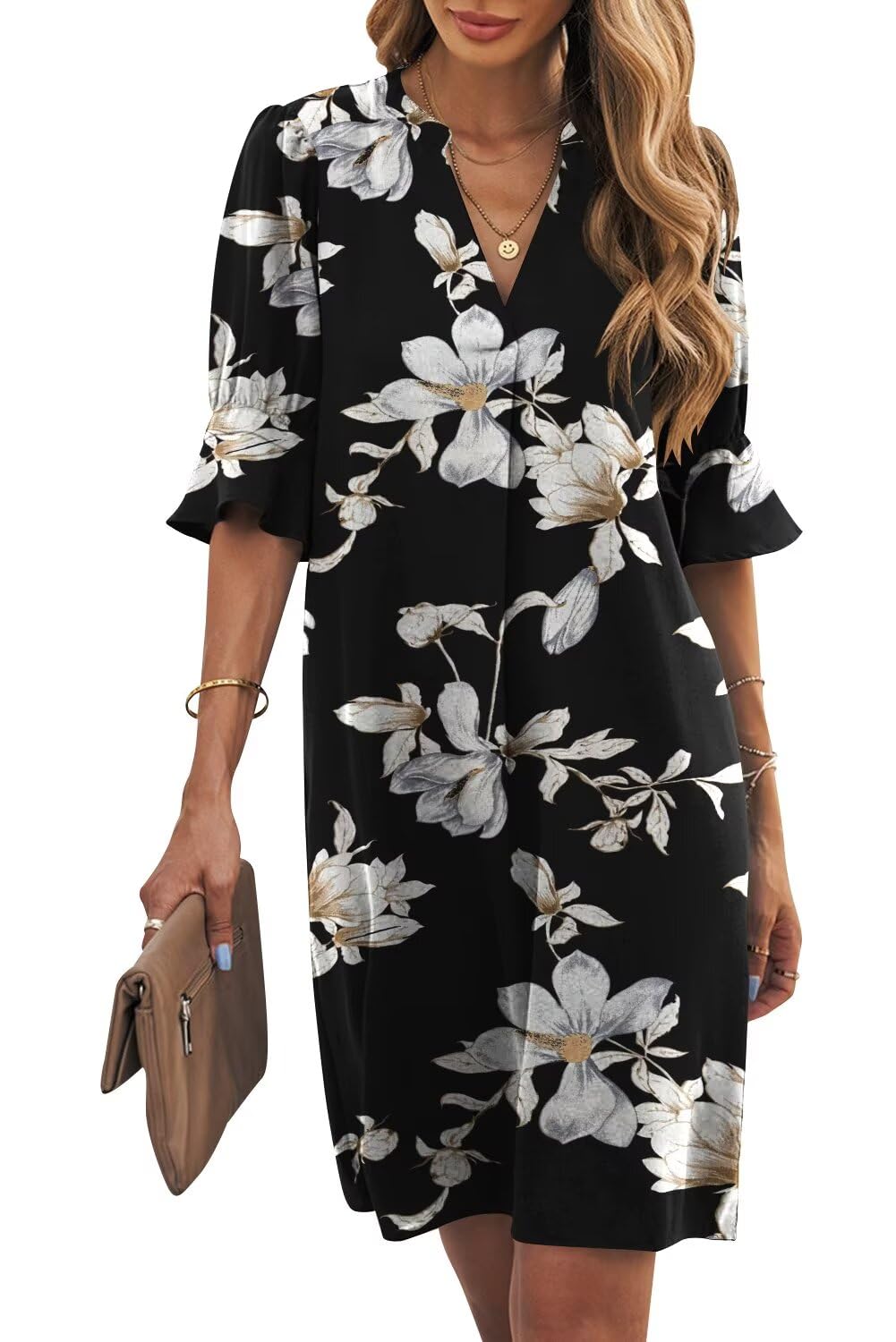 Wkior Womens Summer Ruffle Short Sleeve V Neck Shift Dress