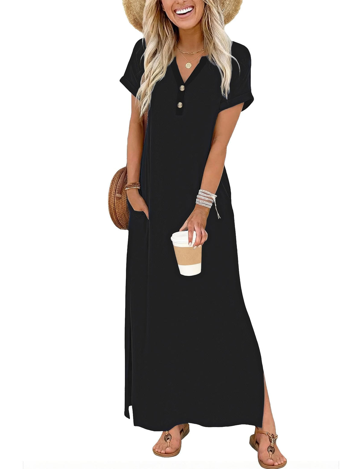 Zeagoo Summer Dresses for Women 2026 Maxi Dresses Vacation Sundress Short Sleeve Casual Sundresses Split Dress with Pockets