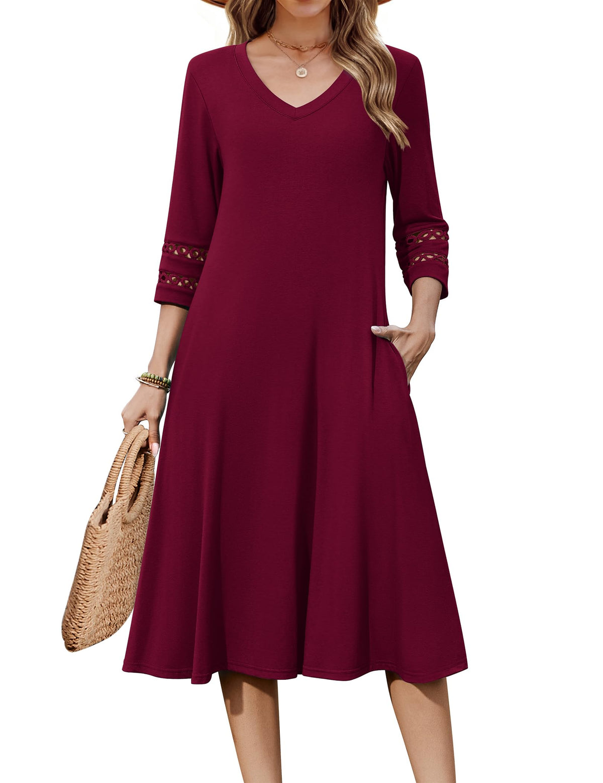 Zeagoo Women's Dresses 3/4 Sleeve Casual V-Neck A Line Eyelet Midi Dress