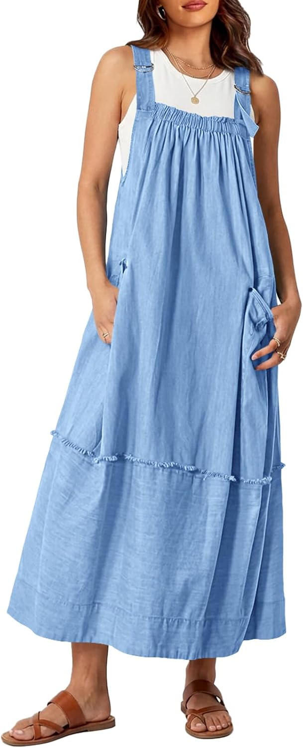Cicy Bell Women's Denim Overall Dress Casual Adjutable Strap Back Drawstring Loose Jumper Bib Maxi Dresses with Pockets