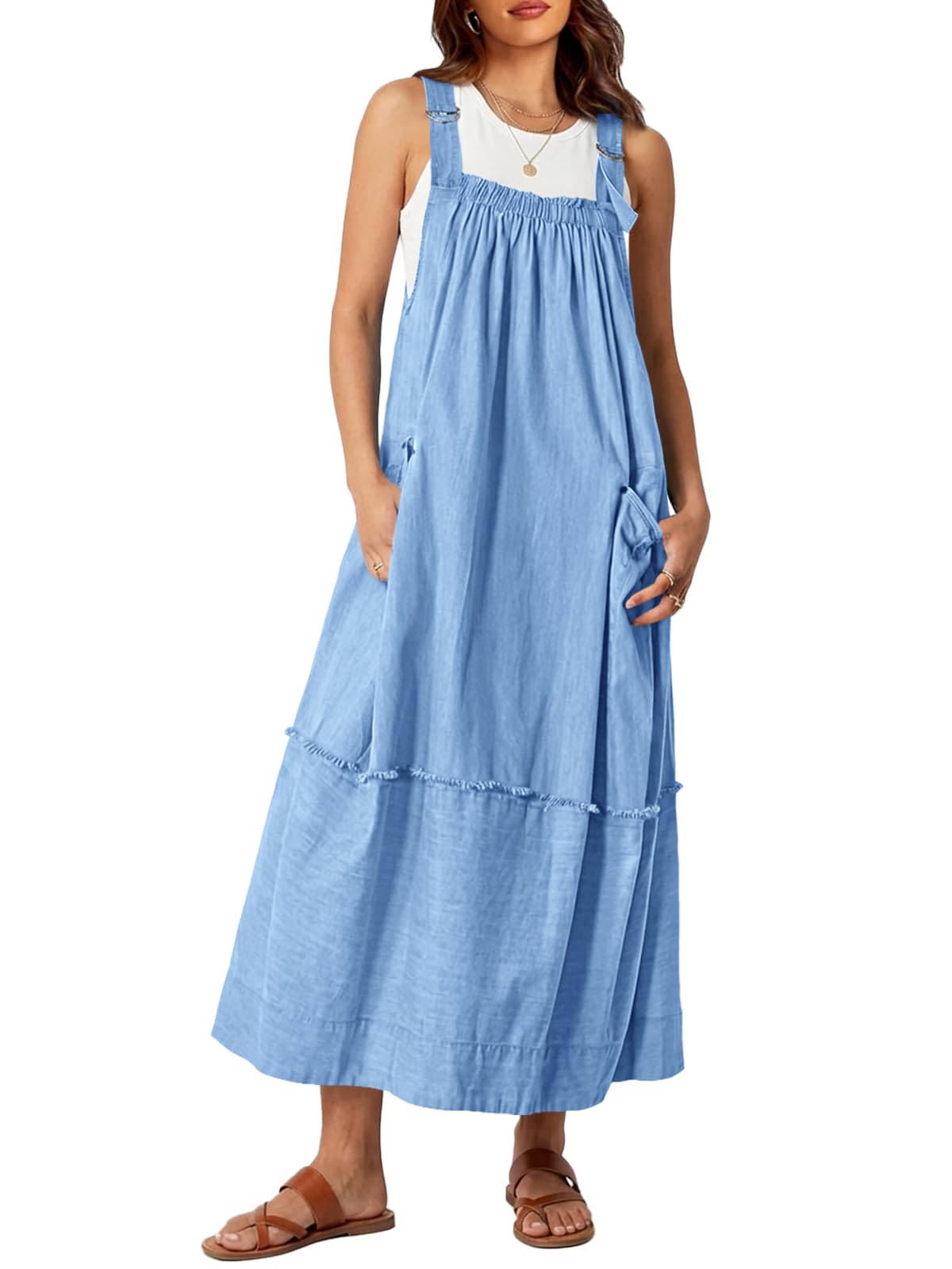 Cicy Bell Women's Denim Overall Dress Casual Adjutable Strap Back Drawstring Loose Jumper Bib Maxi Dresses with Pockets
