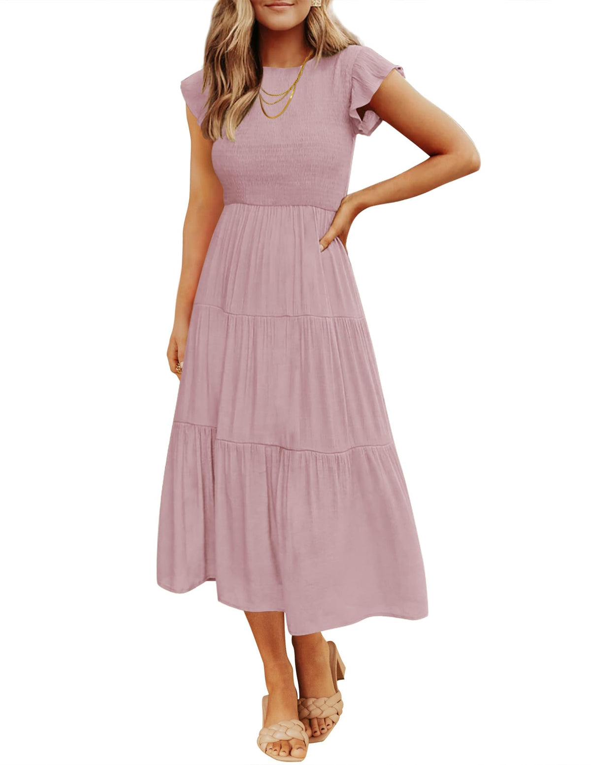 ZESICA Women's 2026 Summer Casual Flutter Short Sleeve Smocked Midi Dress