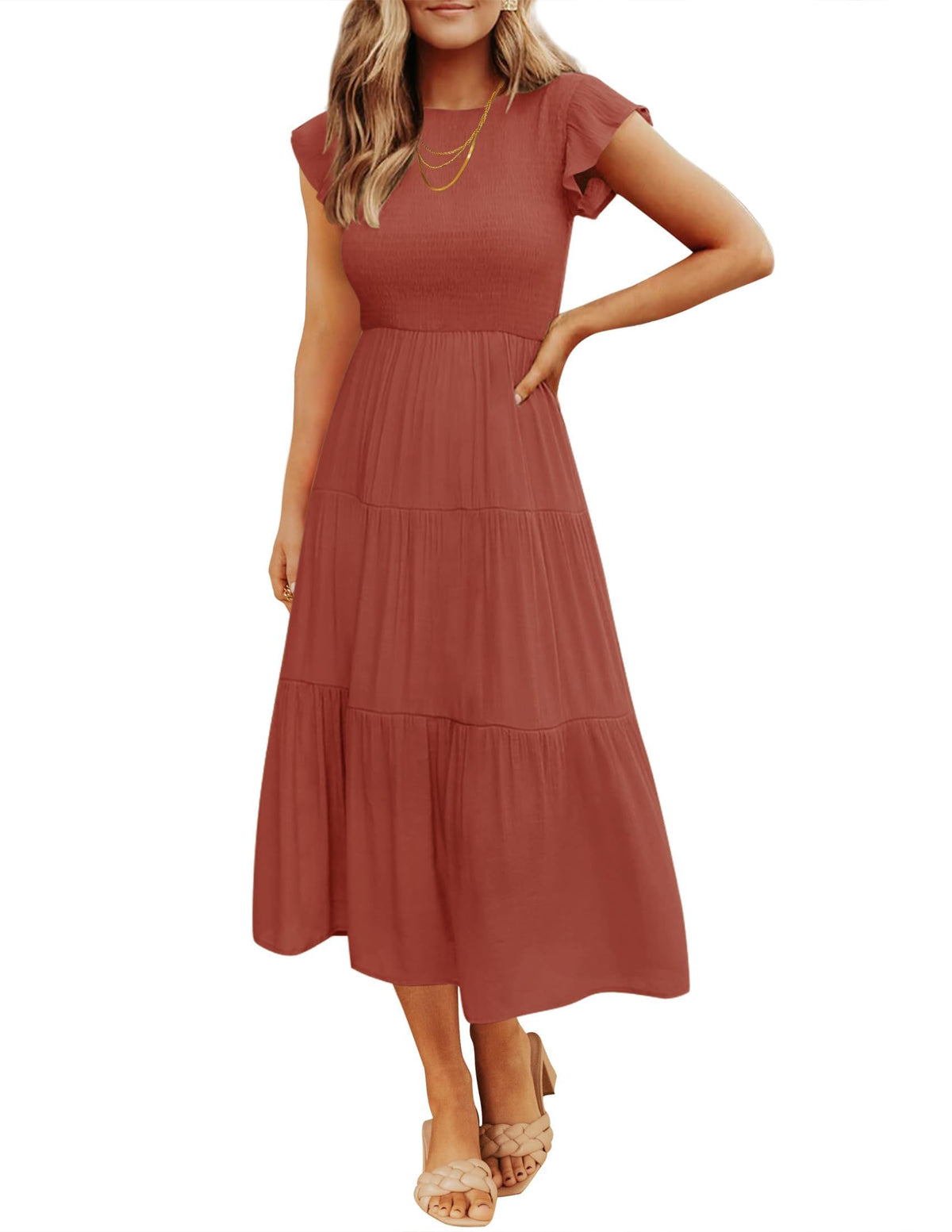 ZESICA Women's 2026 Summer Casual Flutter Short Sleeve Smocked Midi Dress