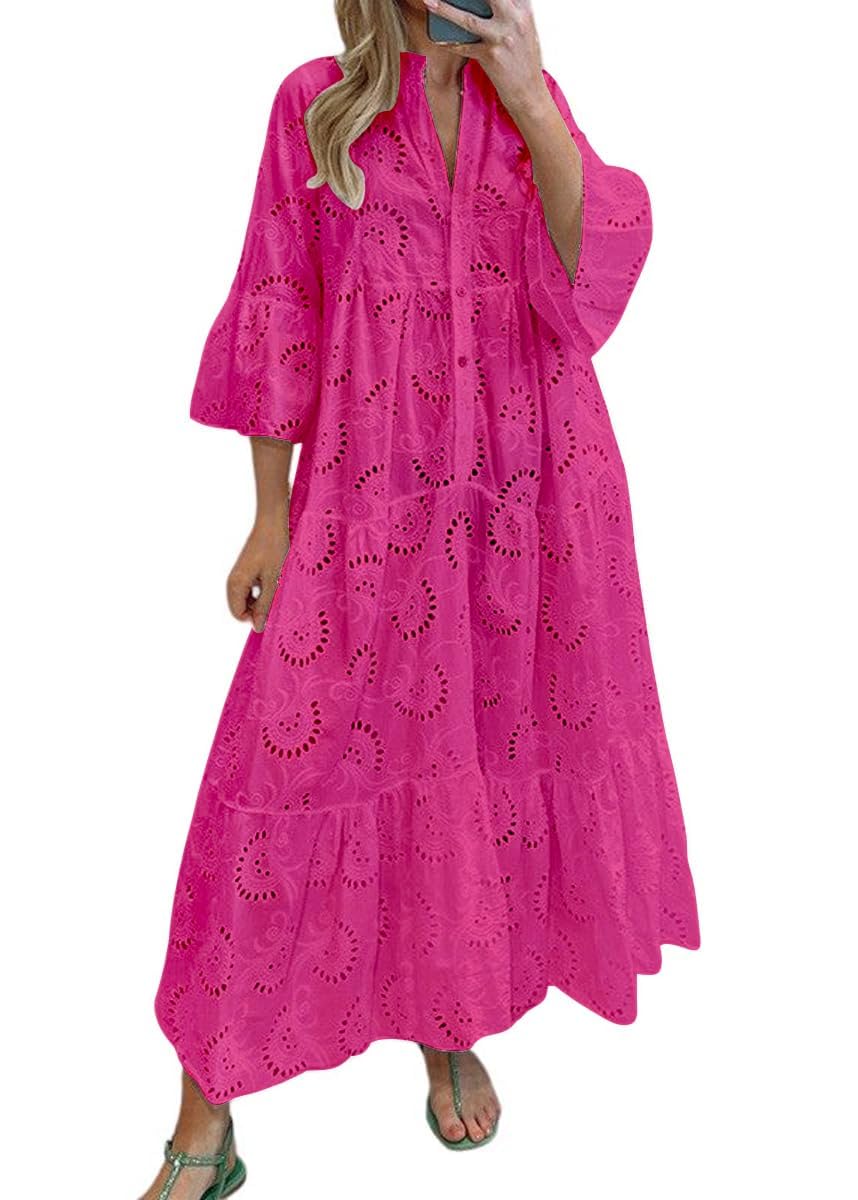 chouyatou Women's 2026 Lace Eyelet Embroidery Maxi Dress V-Neck Trumpet Sleeve Boho Flowy Swing Dress