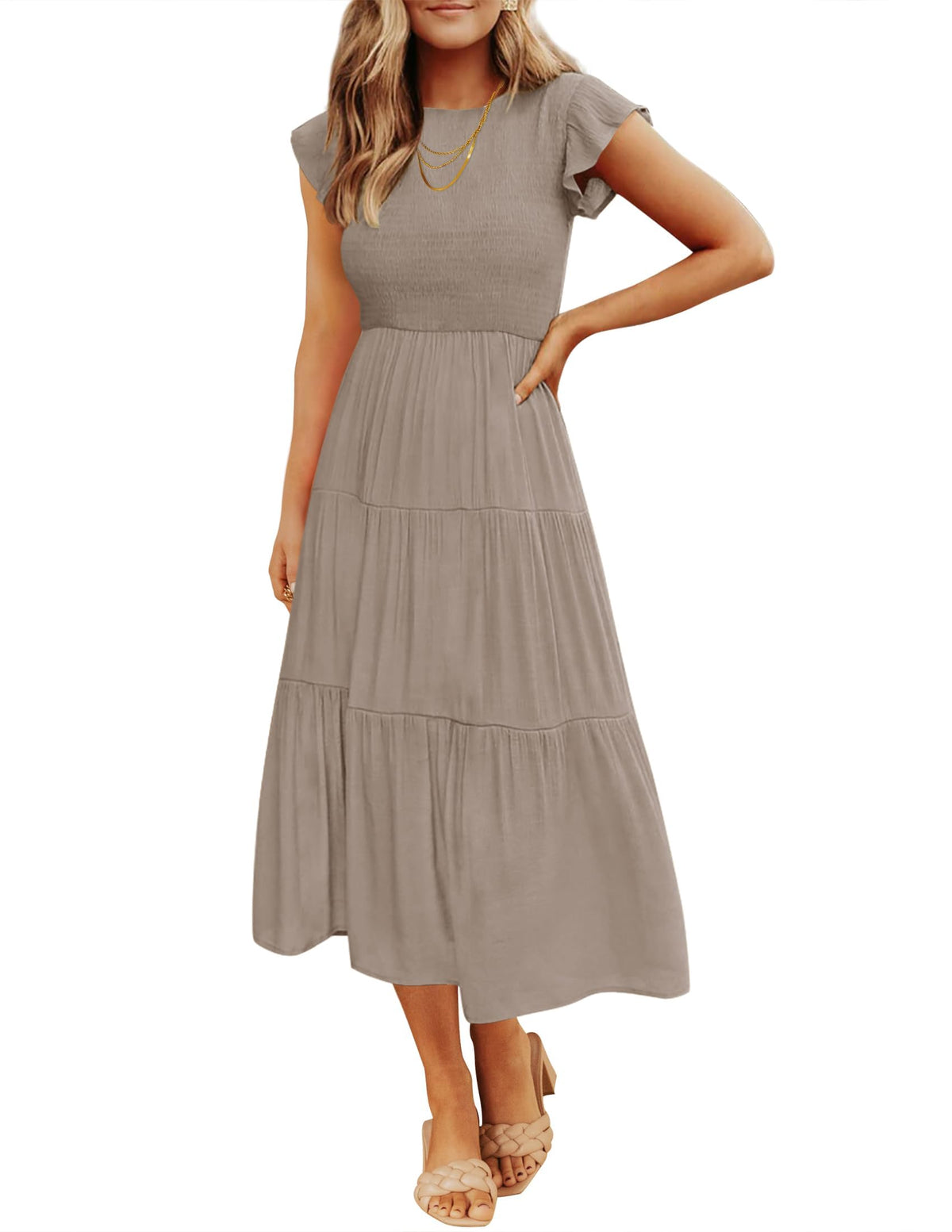 ZESICA Women's 2026 Summer Casual Flutter Short Sleeve Smocked Midi Dress