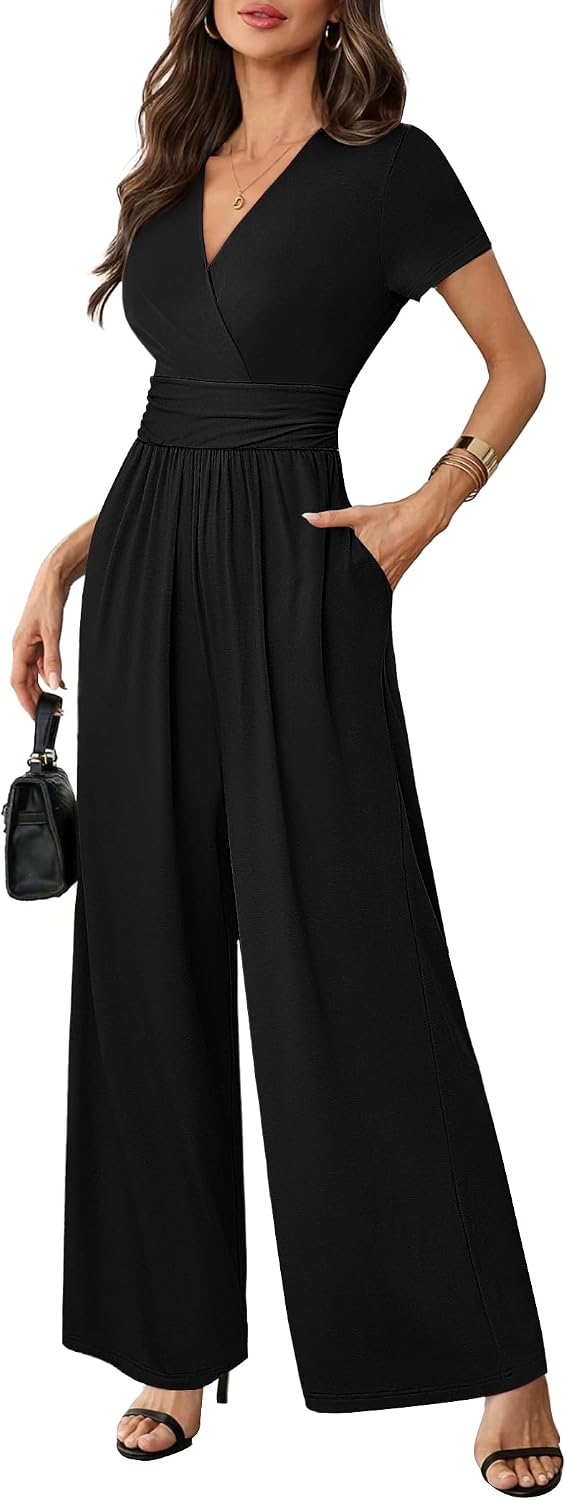 LOOKBOHO Women Jumpsuits Dressy Casual Short Sleeve Wide Leg Pants Rompers
