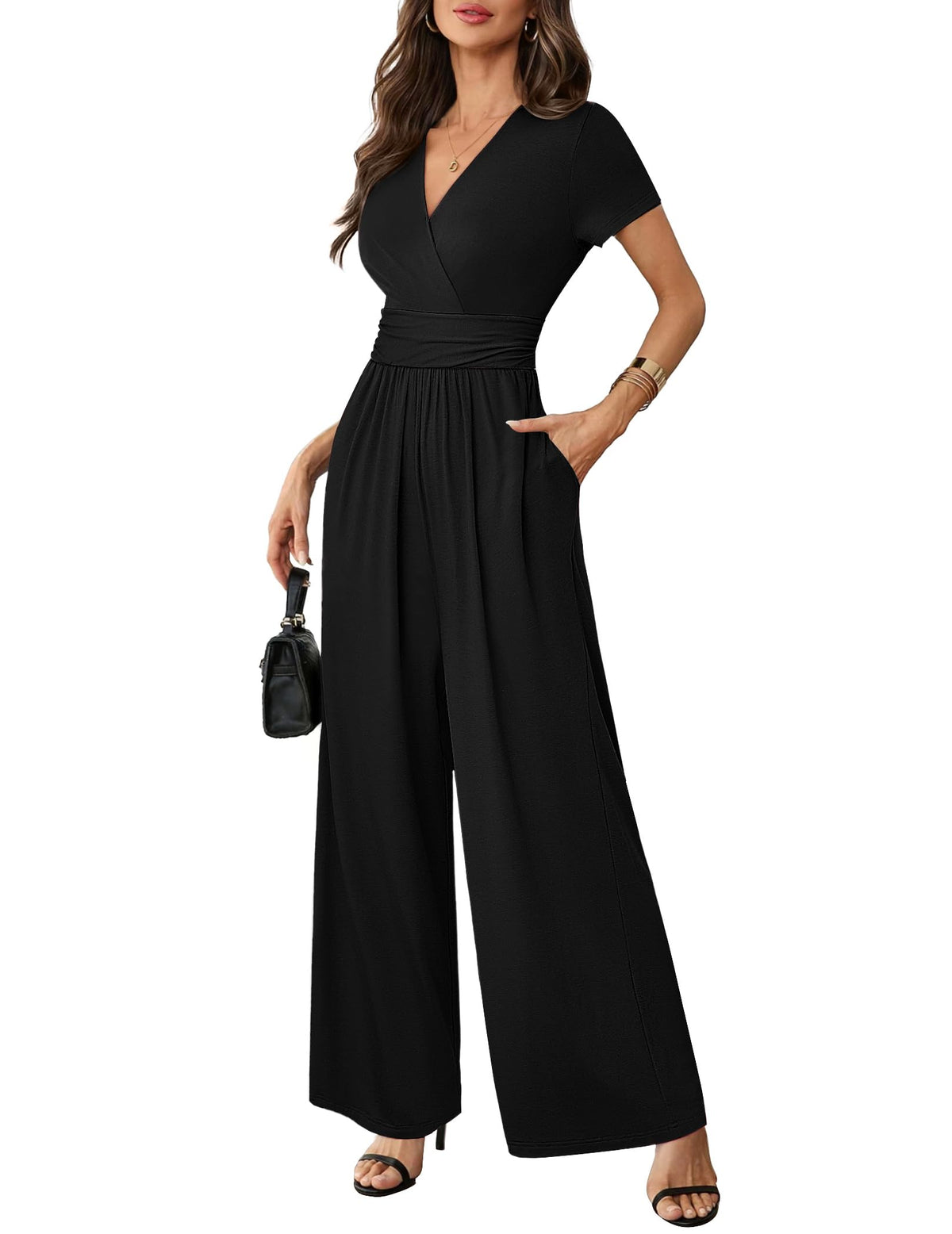 LOOKBOHO Women Jumpsuits Dressy Casual Short Sleeve Wide Leg Pants Rompers