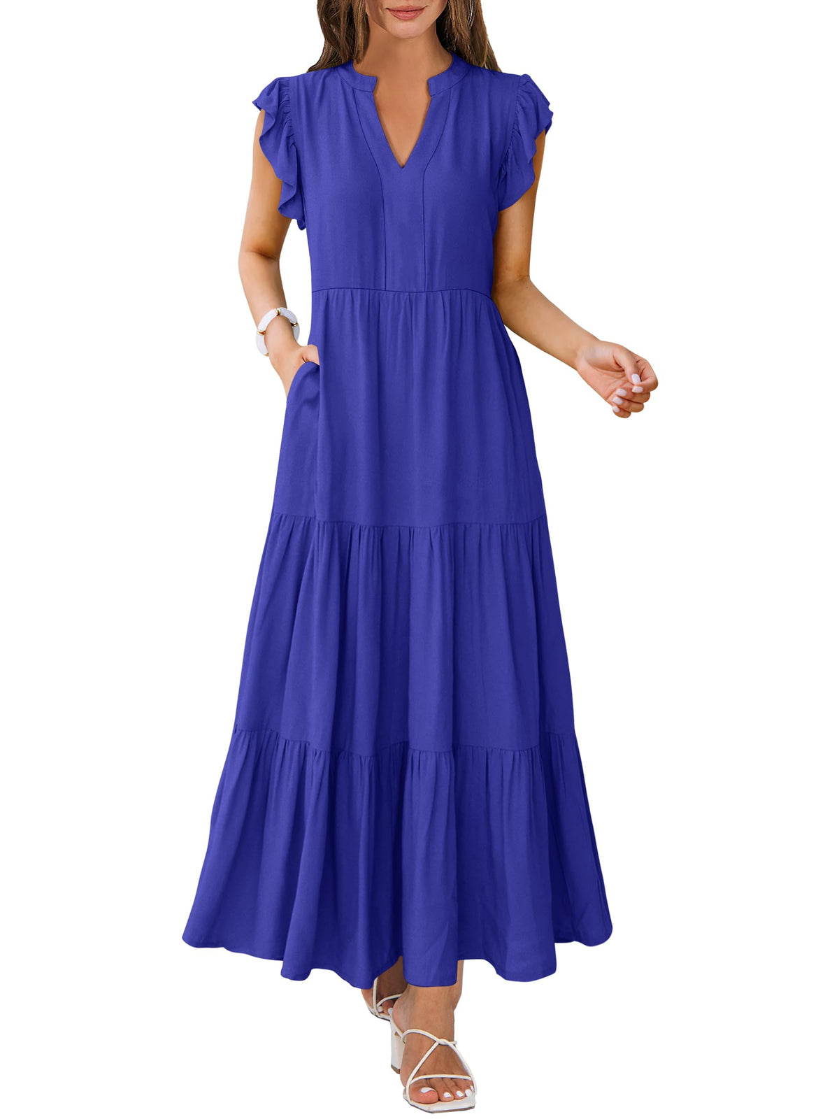 ANRABESS Womens Summer Dress Ruffle Sleeve V Neck Vacation Maxi Dresses